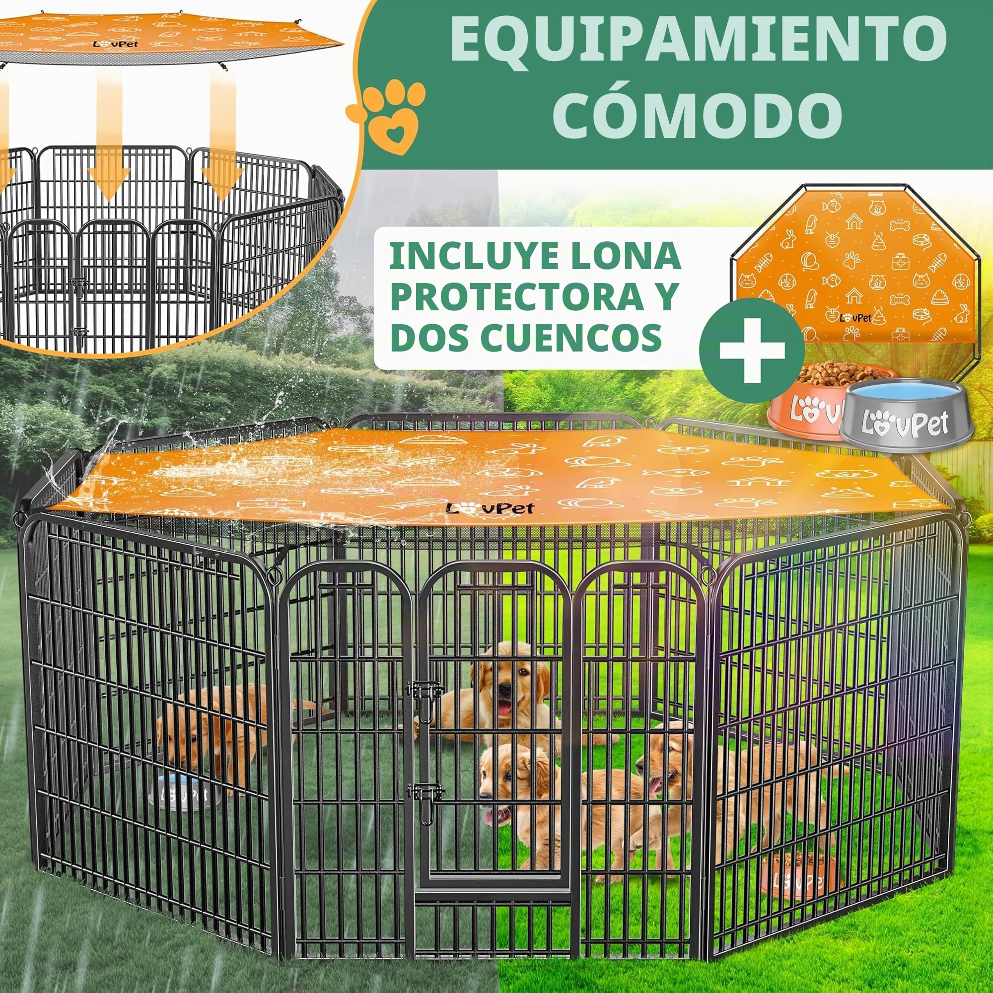 LOVPET® Parque Plegable para Mascotas | Corralito Resistente con Puerta para Perros, Gatos, Cachorros, Conejos, Cobayas, Negro - XXL (con Cubierta)