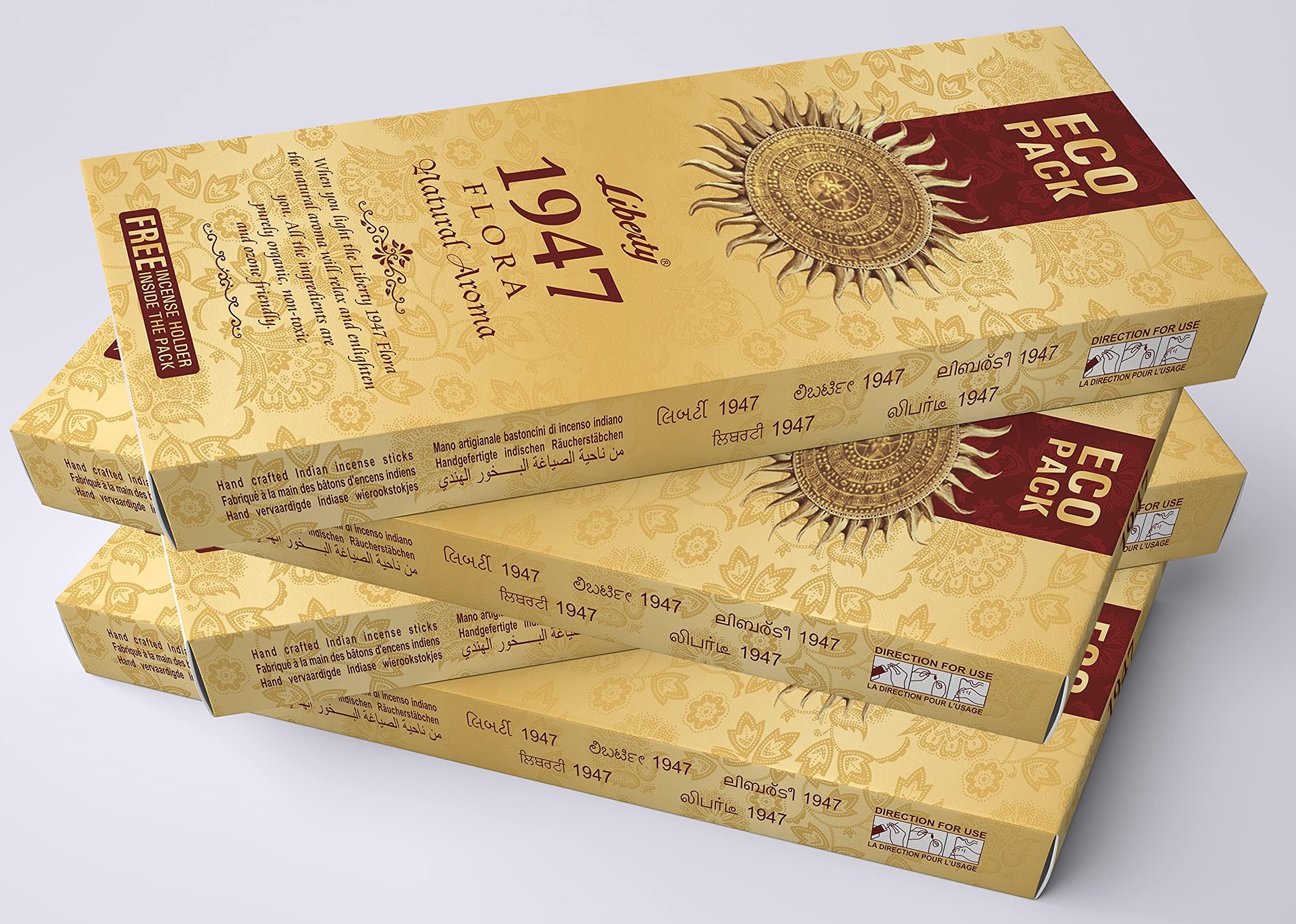 LIBERTY 1947 Flora Fragrance Aroma Sticks | Low Smoke Incense Sticks | Charcoal Free Agarbathi Eco-Pack - Combo Pack of 4 (80gm Per Pack)