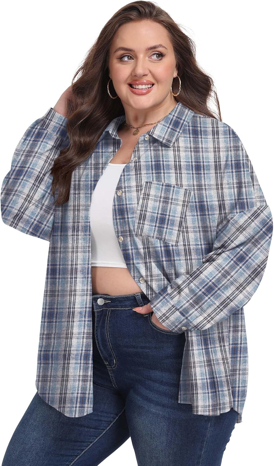 OLRIK Plus Size Plaid Shirt Flannel Long Sleeve Button Down for Women Loose Fit Comfortable Casual Loose Fit Blouse Haze Blue Plaid-2X - Image 2