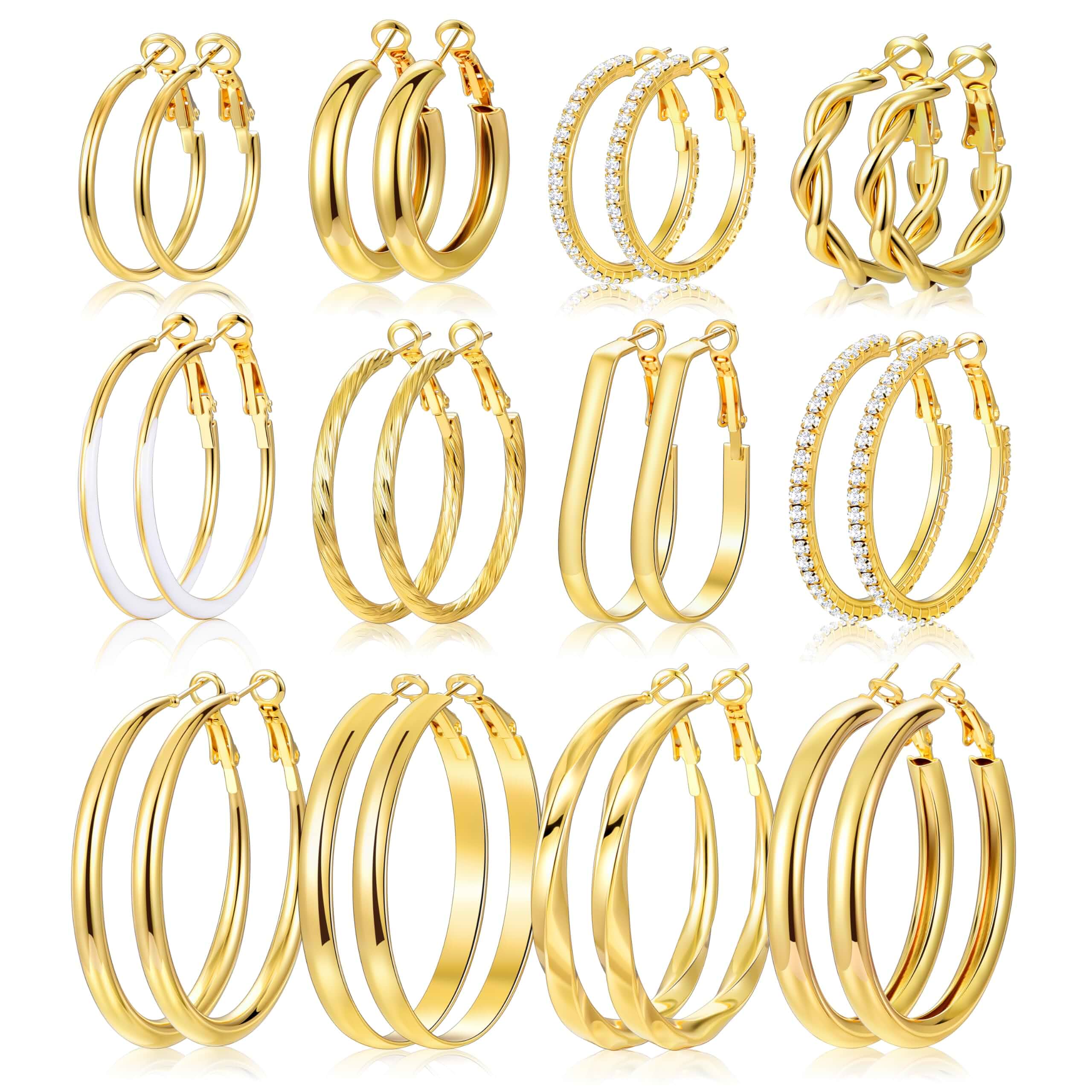 12 Pairs Gold Hoop Earrings Set for Women, Lightweight Hoop Jewelry Large hoop earrings, 30mm 40mm 50mm sizes, Lightweight design, 14K gold plated, Hypoallergenic, Perfect Jewelry Gift