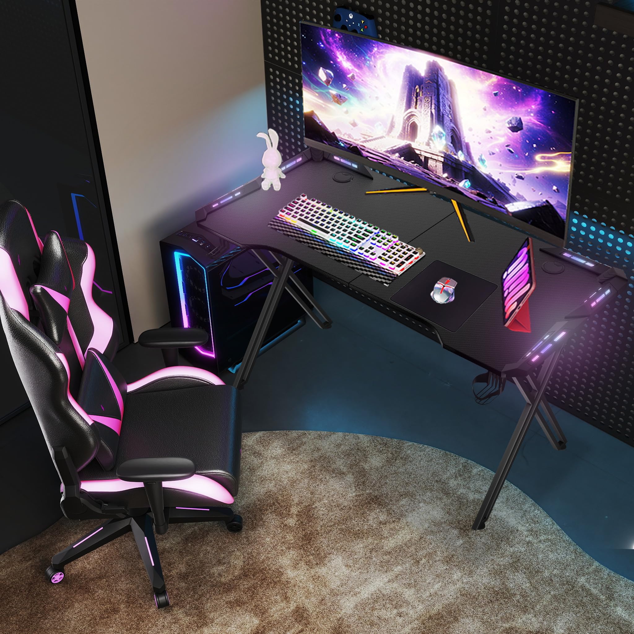 XMTECH 120 x 60 cm Gaming Schreibtisch, LED Gaming Tisch PC Tisch, X Rahmen mit Kohlefaseroberfläche Stabil, Gamer Tisch mit Getränkehalter und Kopfhörerhaken, Schwarz