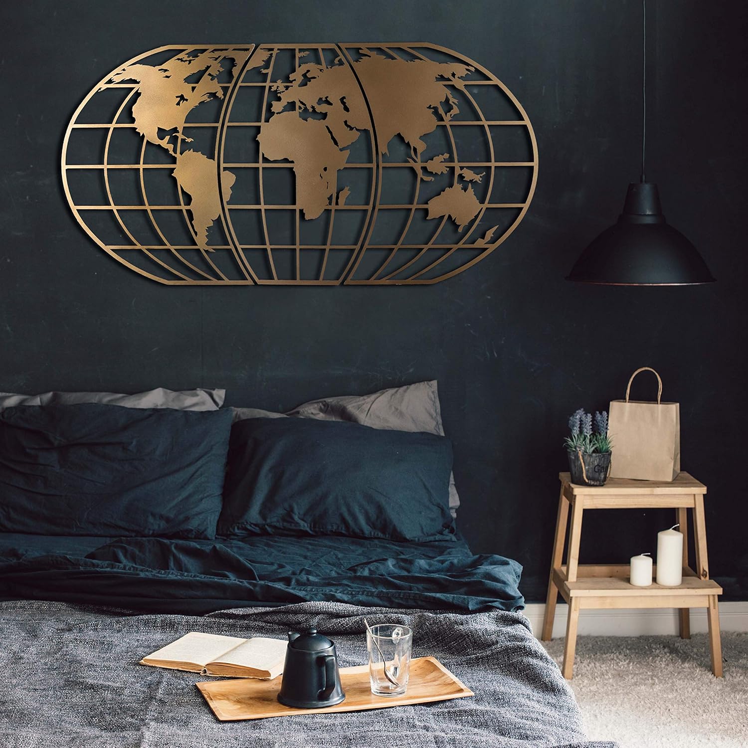 Tubibu Modern Wall Art, 100% Metal - Metalic WORLD MAP GLOBE, Size (23.6" x 47.2") - Wall Hanging for Living Room, Bedroom, Dorm (Gold)