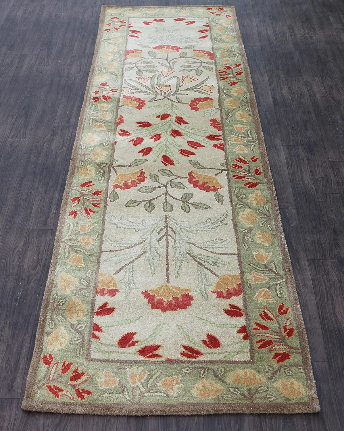 Tulips Adeline Floral Traditional Oriental Old Antique Style Woolen Area Carpets (2.6 x 9' Runner, Beige Multi)
