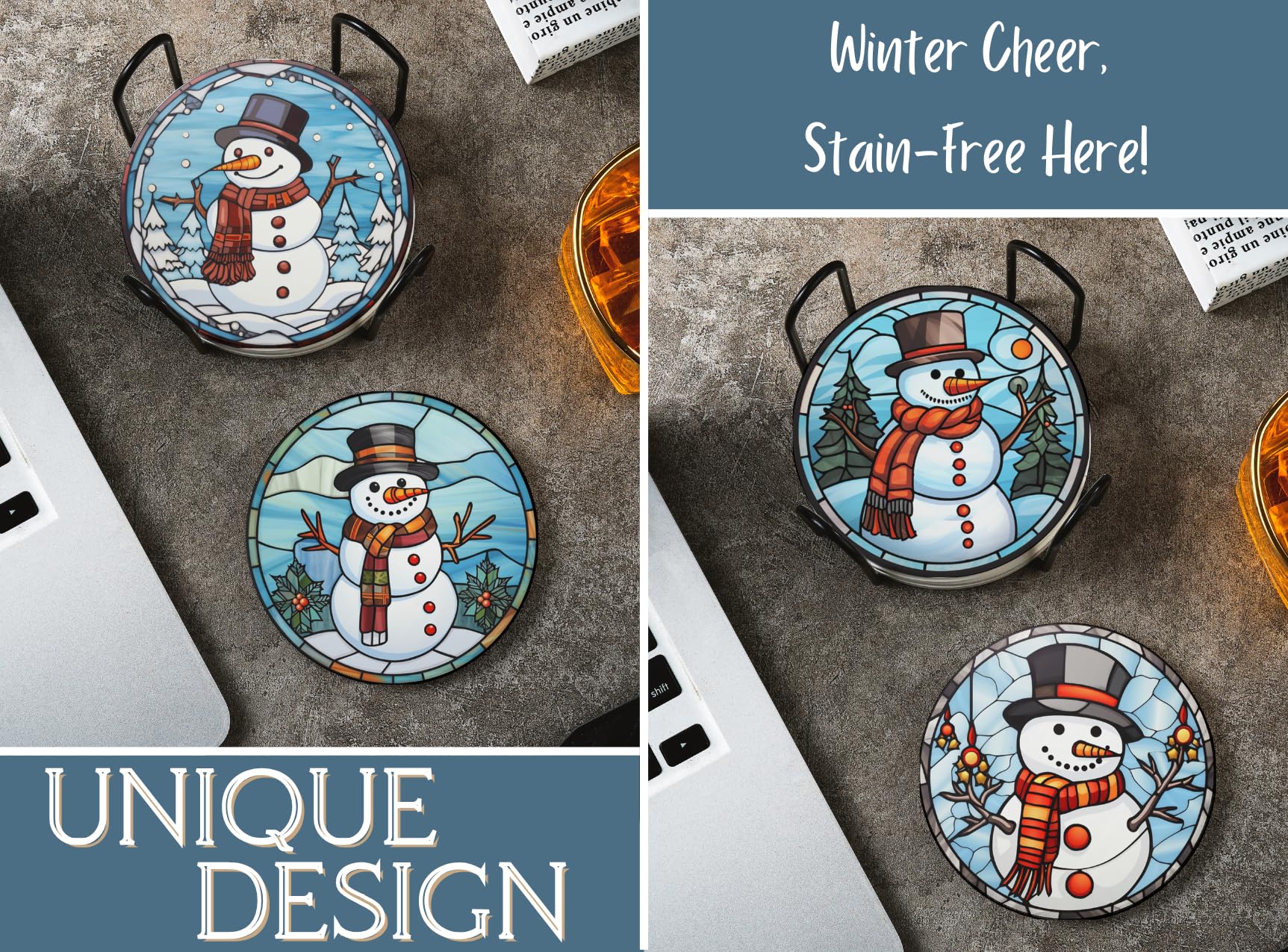 Regalos de muñeco de nieve para mujeres y hombres, posavasos de muñeco de nieve, decoración del hogar de invierno para cumpleaños, Navidad, Acción de Gracias, juego de 6, cerámica, absorbente con base