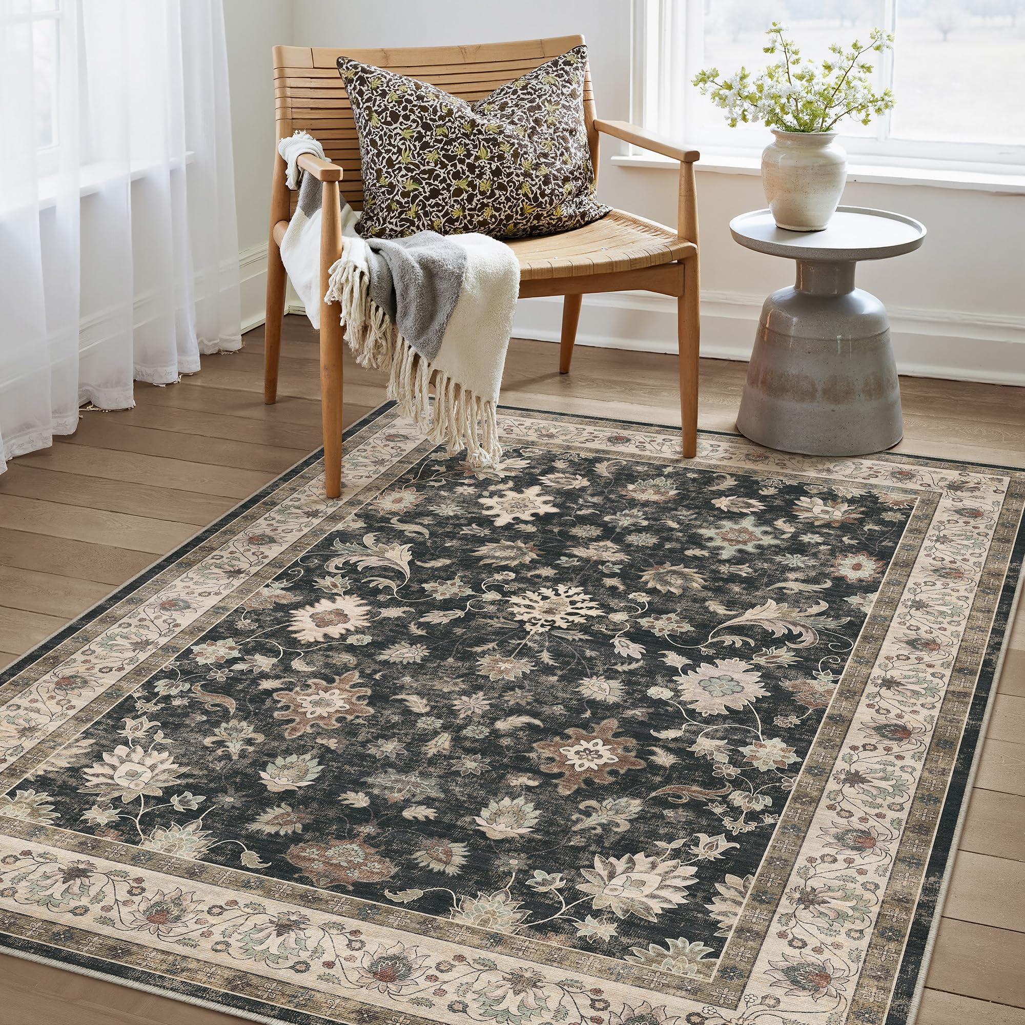 PureCozy Vintage Washable Living Room Rug, 80 x 150 cm, Floral Pattern, Short Pile, Non-Slip, Soft Bumper, Boho Rugs for Kitchen, Bedroom, Dining Room, Bedroom, Living Room, Black — image 1