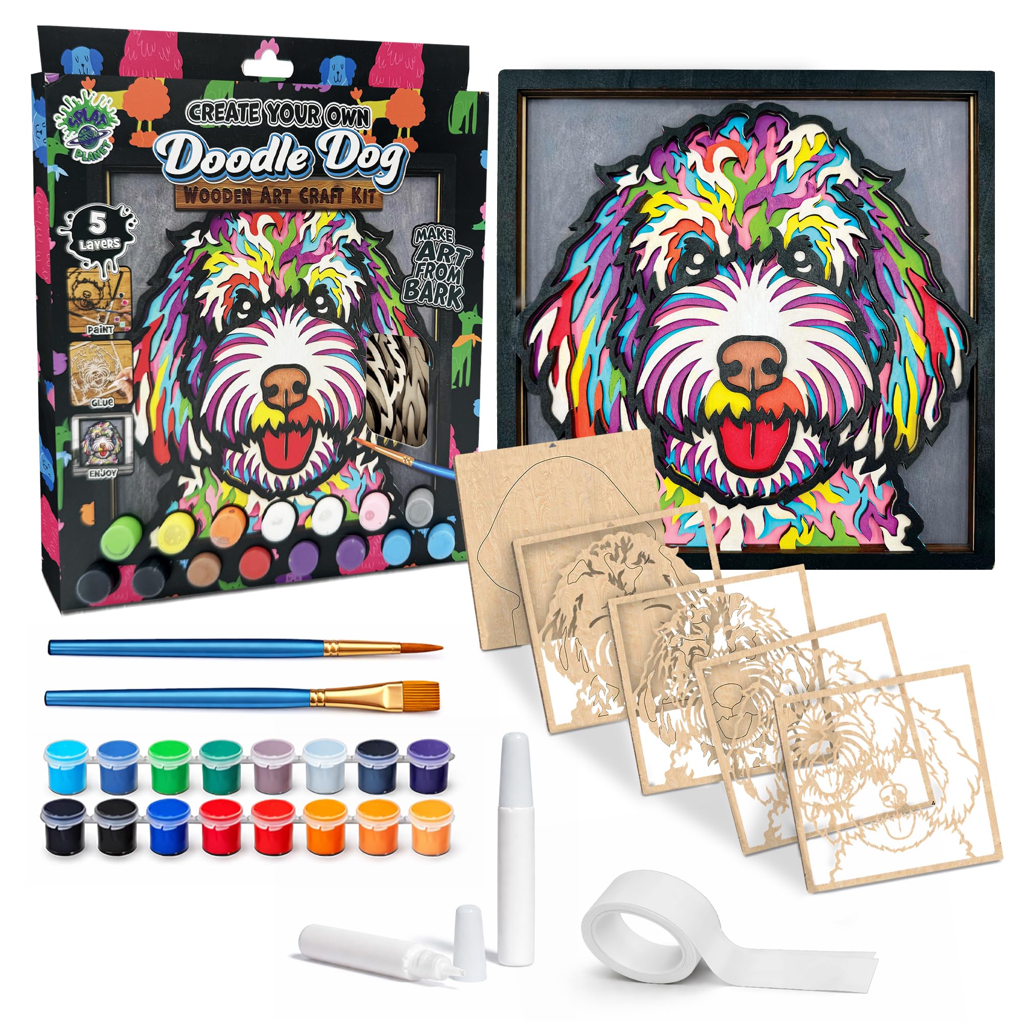 Splat Planet – Doodle Dog 3D Wooden Art Kit – Paint Your Own 3D Layered Wood Wall Art for Kids & Adults, DIY 3D Art Doodle Dog Wood Painting Kit Wooden Art and Craft Gift Set, 25 x 25cm