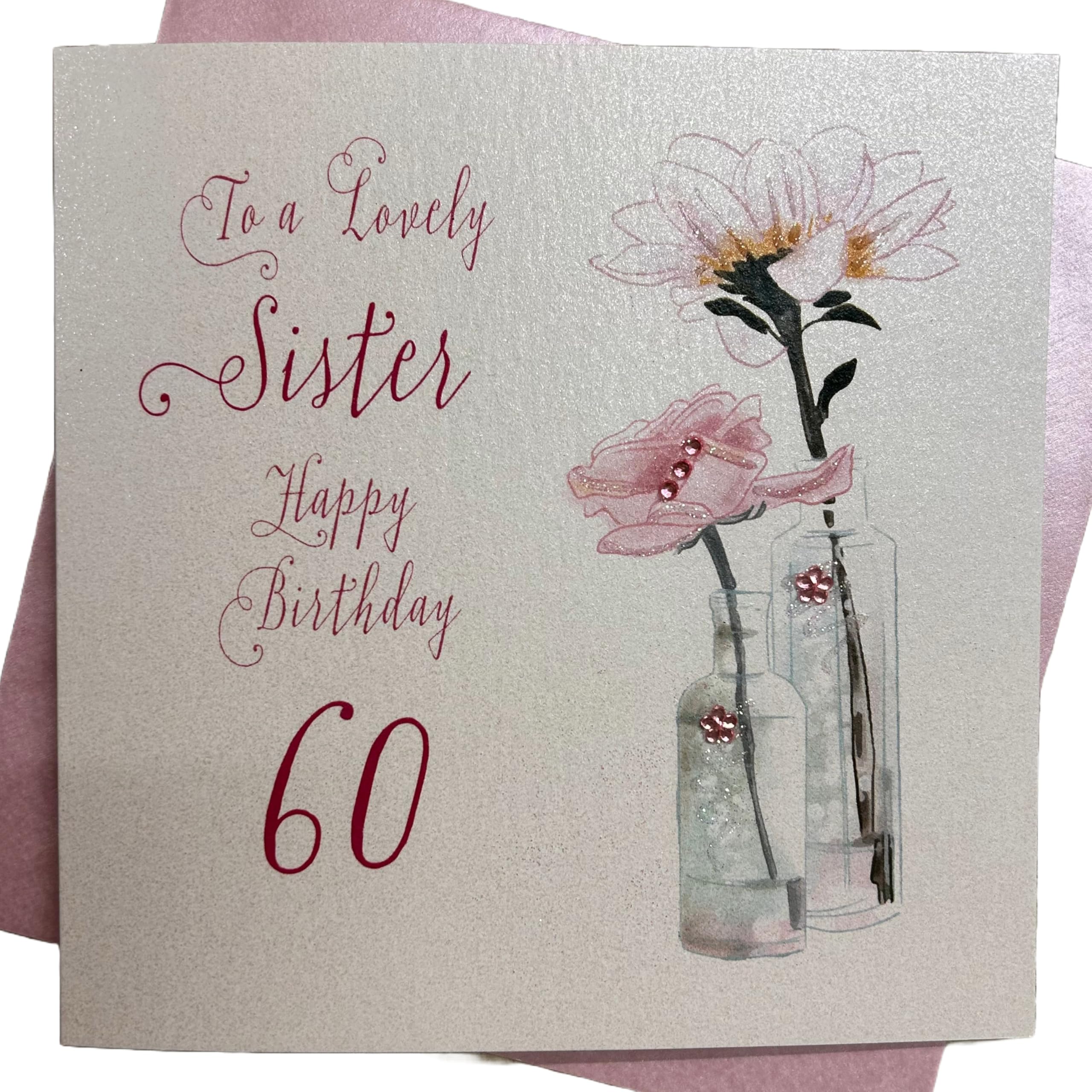 WHITE COTTON CARDS "Dandelion, Happy Birthday to a Lovely Sister 60" Handmade 60th Birthday Card, White, bd65-60