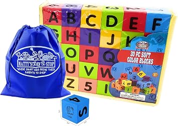 Mattys Toy Stop Deluxe 2" EVA Foam Colorful Building Blocks 30 PCS Featuring Abcs, Numbers & Pictures with Bonus Storage Bag