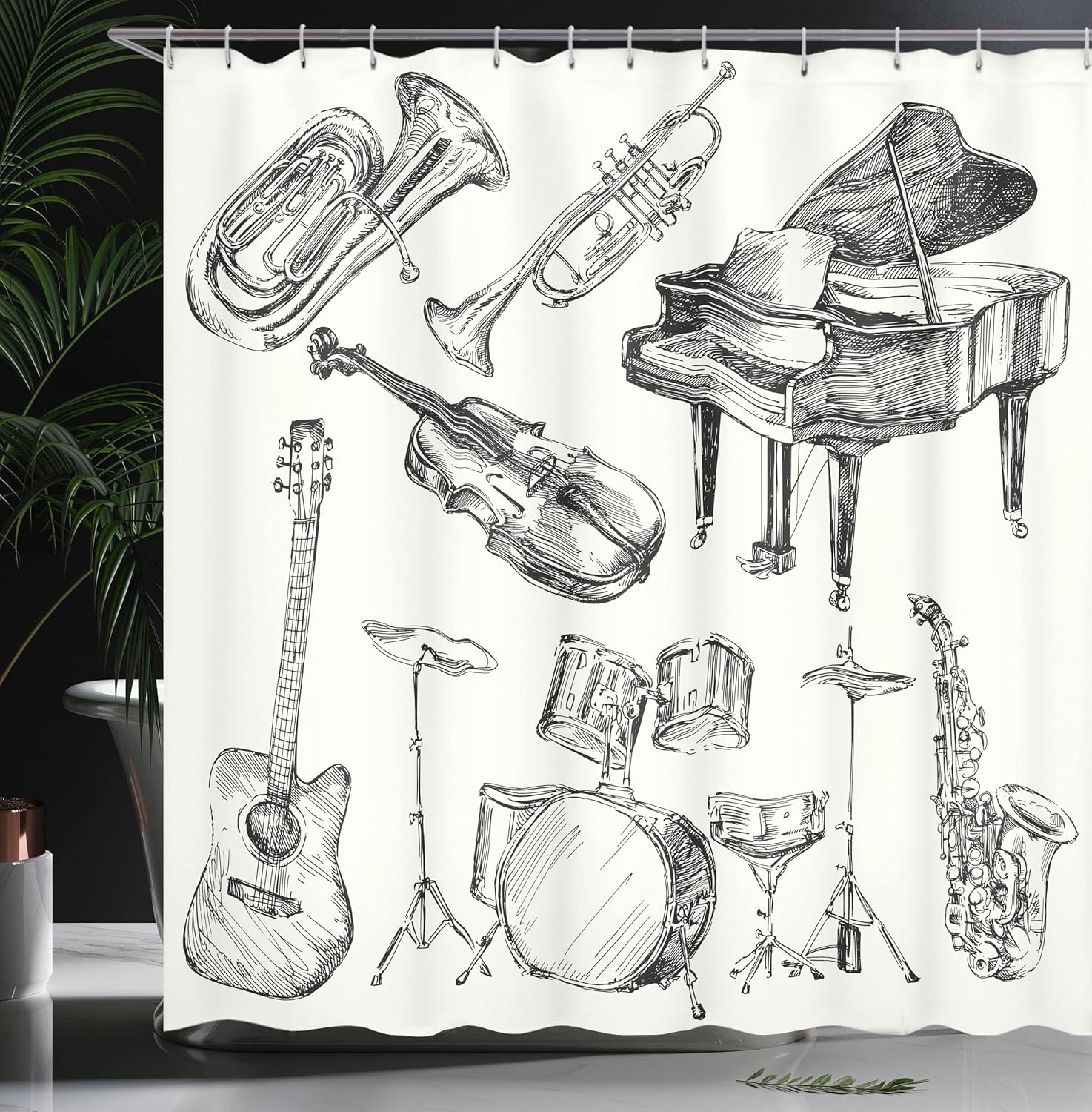 Ambesonne Jazz Music Shower Curtain, Illustration of Musical Instruments Sketch Style Art Trumpet Piano Guitar, Cloth Fabric Bathroom Decor Set with Hooks, 69" W x 75" L, Beige Black