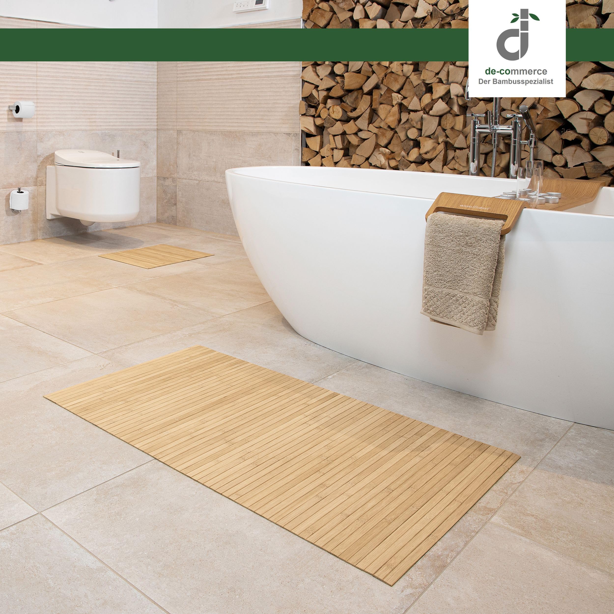 DE-COmmerce Tapis de Bain en Bambou Lines, Lot de 3, Tapis de Salle de Bain, Tapis en Bois, Tapis en Bambou, Salle de Bain, antidérapant, Couleur : Pure