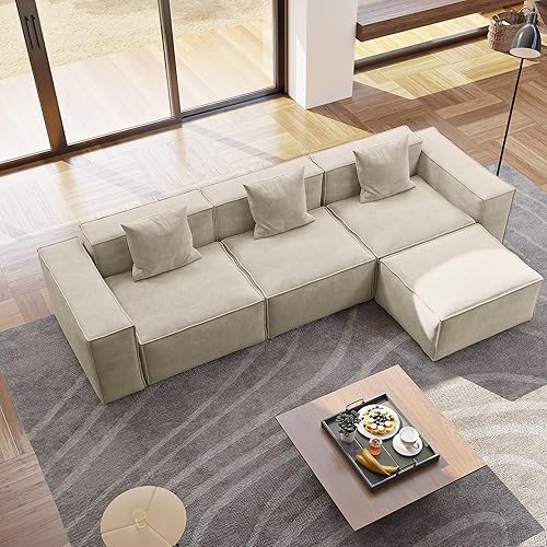 POVISON 115" Oversized Modular Sectional Sofa for Living Room Modern Large L Shaped Sectional Couche Velvet Deep Seat Sofa Set 3 Seats with Reversible Ottoman Big Comfy Cloud Couch for House Office
