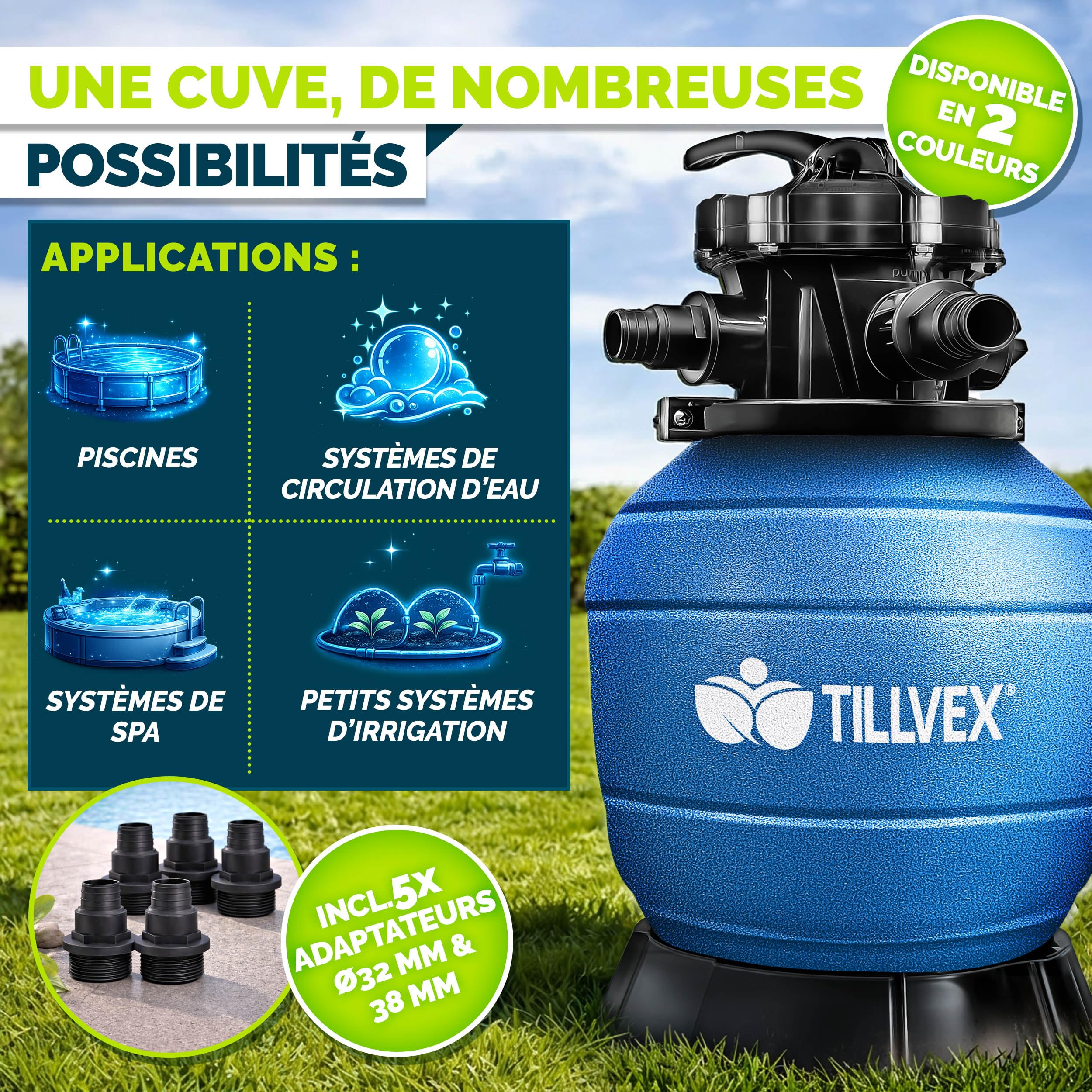 tillvex® Filtre à Sable pour Piscine sans Pompe + Billes filtrantes jusqu'à 50 m³ (50.000 litres) | Cuve Filtre Piscine INCL. Adaptateur Ø32-38mm | Vanne 7 Voies, manomètre & Tuyau d'aspiration