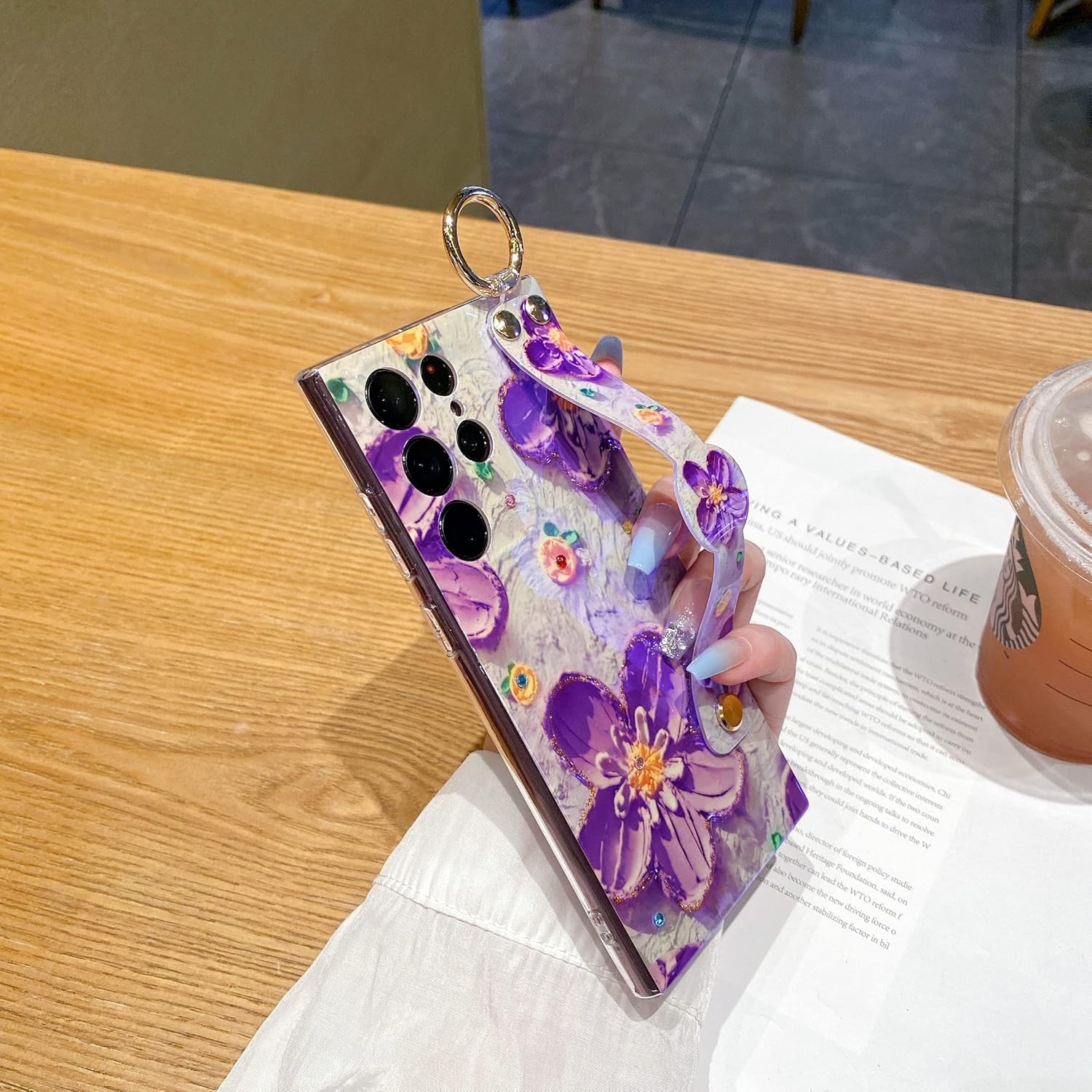 for Samsung Galaxy S22 Ultra Case 6.8" Sparkle Bling with Strap Stand Cute Oil Painting Flower Pattern Design Silicone Shockproof Protective Glitter Case for Girls Women - Purple Flower - Image 5