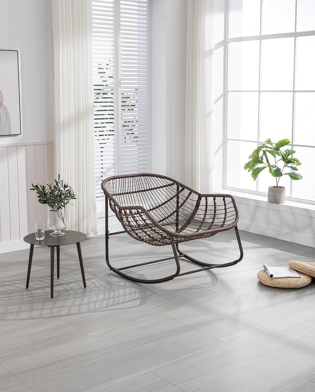 Ball & Cast Outdoor Patio Rocking Chair,Oversized Papasan Egg Chair with E-Coated,Padded Cushion,Recliner Chair for Indoor, Front Porch, Garden, Patio, Backyard,Grey