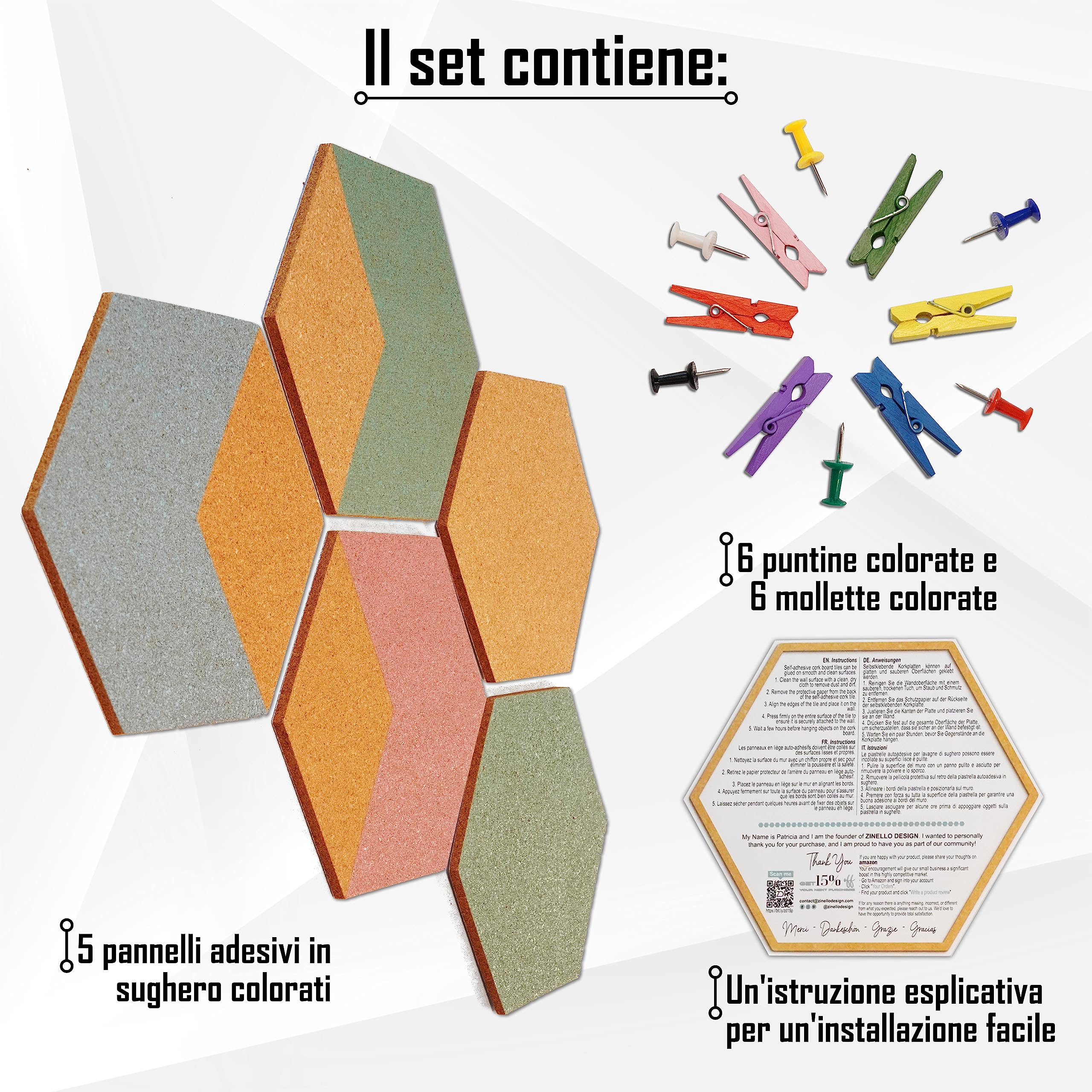Pannello Esagonale in Sughero Adesivo per Decorazione Parete (5 Pezzi) - Quadro Decorativo Con Puntine e Pinze - Piastrelle in Vero Sughero per Moodboard