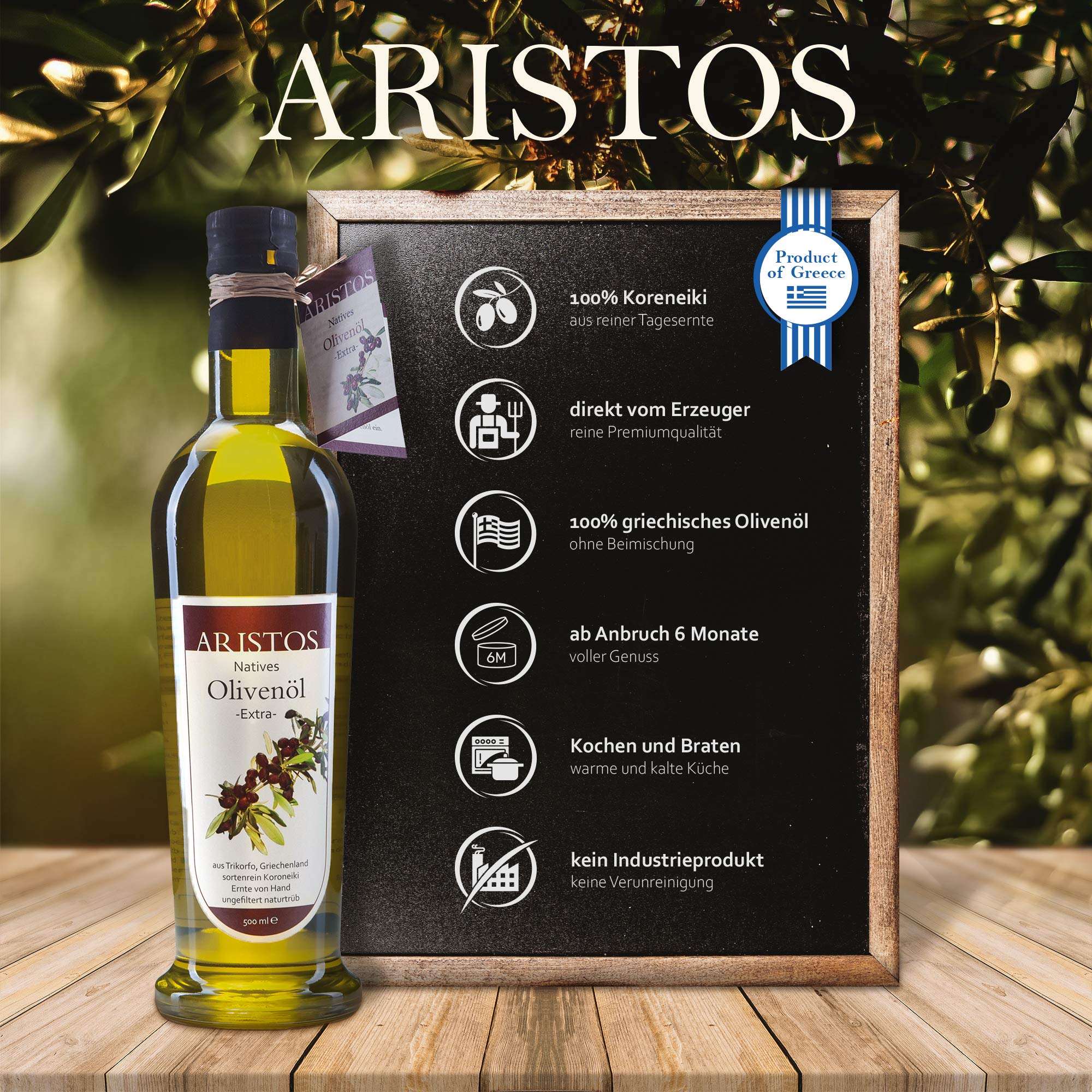 ARISTOS 3tlg griechisches Olivenöl Geschenk-Set mit Bio Essig, Extra Nativem Olivenöl & Schwarzer Tapenade im Geschenkkarton