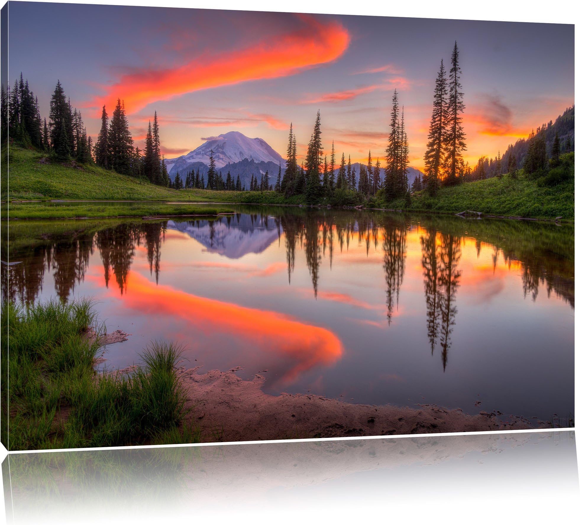 Sunrise mountain scenery, painting on canvas, XXL Pictures completely framed with large wedge frames, wall picture art print with frame, cheaper than painting or an oil painting, not a poster or placard, Leinwand Format:120x80 cm
