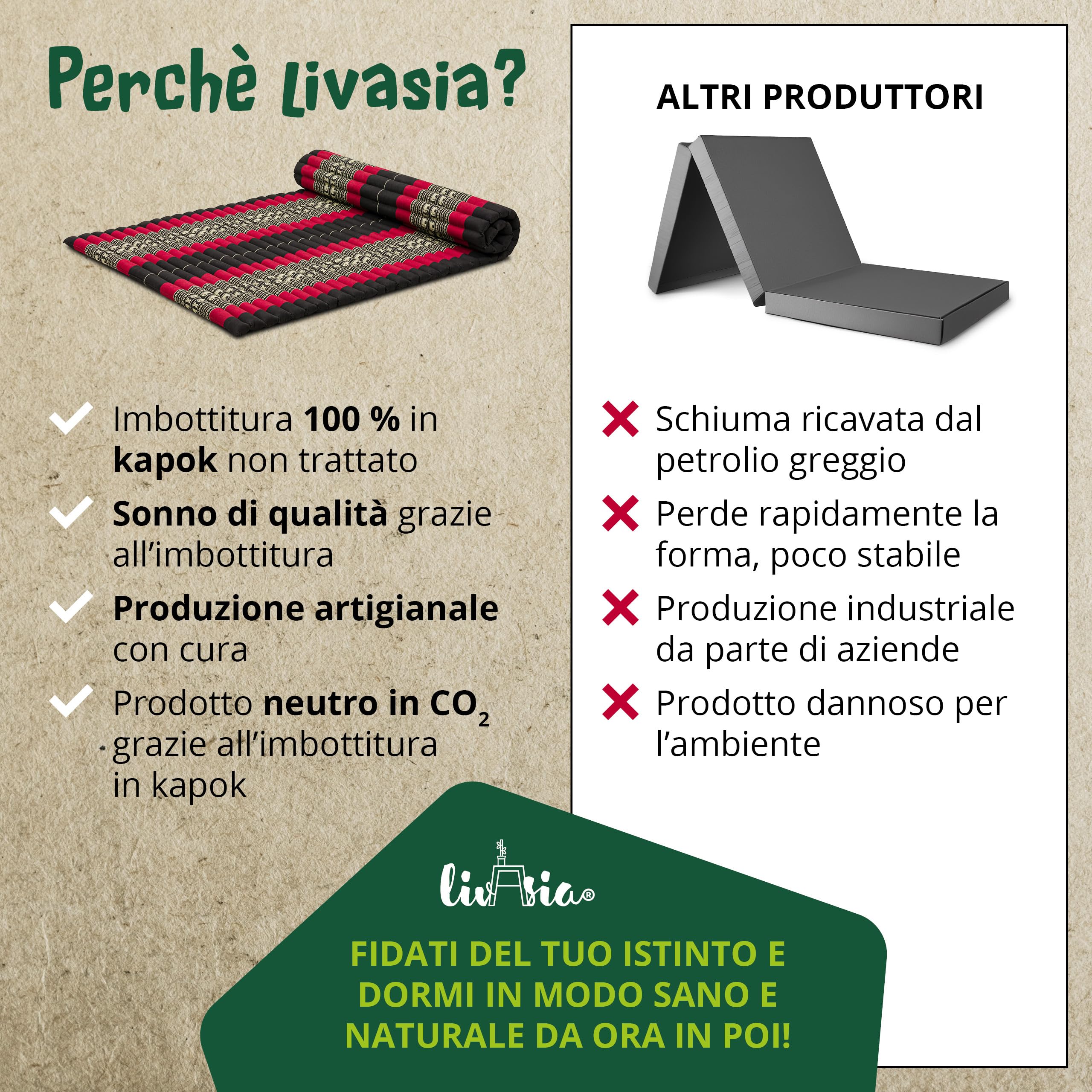 livasia tappetino materasso arrotolabile L largo - 200x110x4,5cm - letto materasso per ospiti 1 persona, lettino da viaggio, tappetino thai kapok giardino balcone fatto a mano