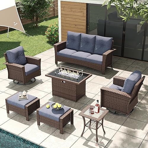 LayinSun 7 Piece Wicker Patio Furniture Set with Fire Pit