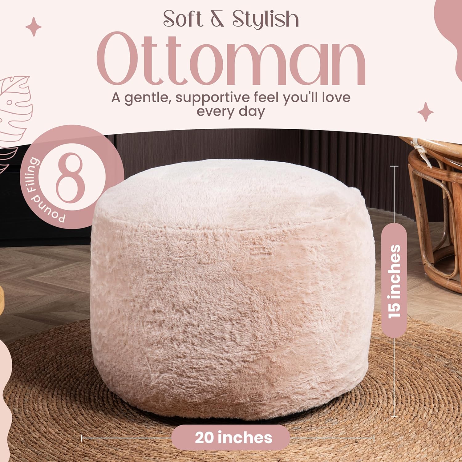 Cozy Plush Beige Pouf | Living Room Ottoman Footrest at 20 x 15 Inches | Soft, Non-Shedding Round Stool Sofa Ottoman with Supportive Foam Filling | Foot Rest for Couch