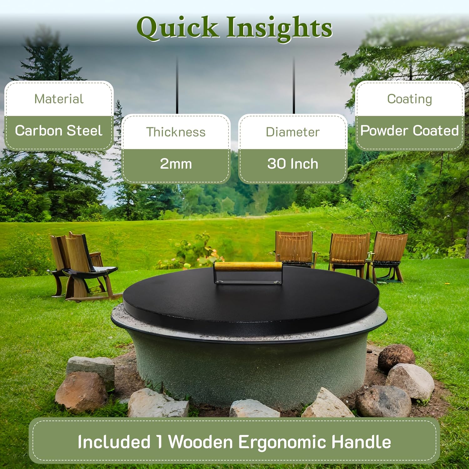 30” Round Fire Pit Lid – Powder Coated fire pit cover round metal for Outdoor Fireplace -16 Gauge Steel Flat Fire Pit Burner Pan Cover with Wooden Handle Snuffer Lid for Round Patio Fire Pit Ring