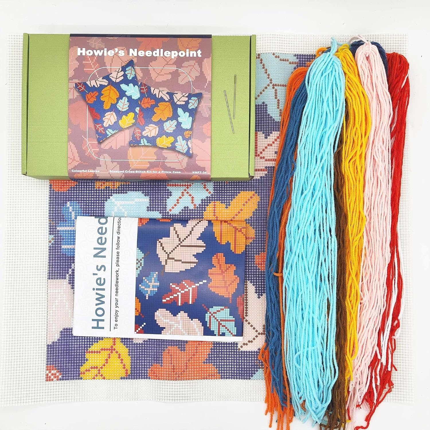 Howie's Needlepoint Needlepoint Kits for Adults, Pillow Front Cross Stitch Kit with Embroidery Pattern on Canvas, Yarn, 2 Needles and Instruction, 16 x 16inch(Colourful Leaves)