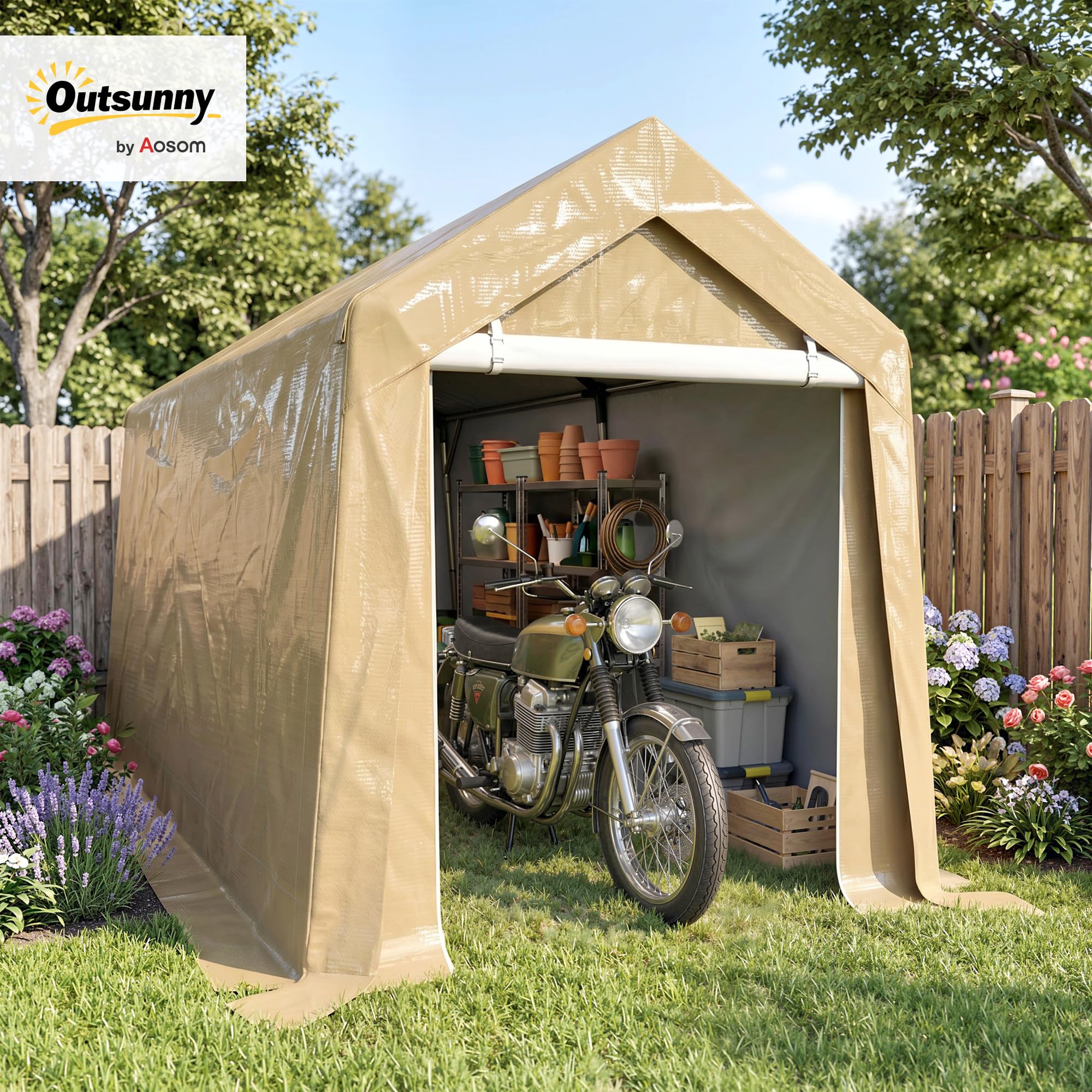 Outsunny Abri de Jardin, Tente de Stockage, 2 x 3,6 m, bâche PE 200 g/m² imperméable et Anti-UV, Cadre en Acier galvanisé et Grande Porte, abri de vélo Garage pour extérieur, Beige