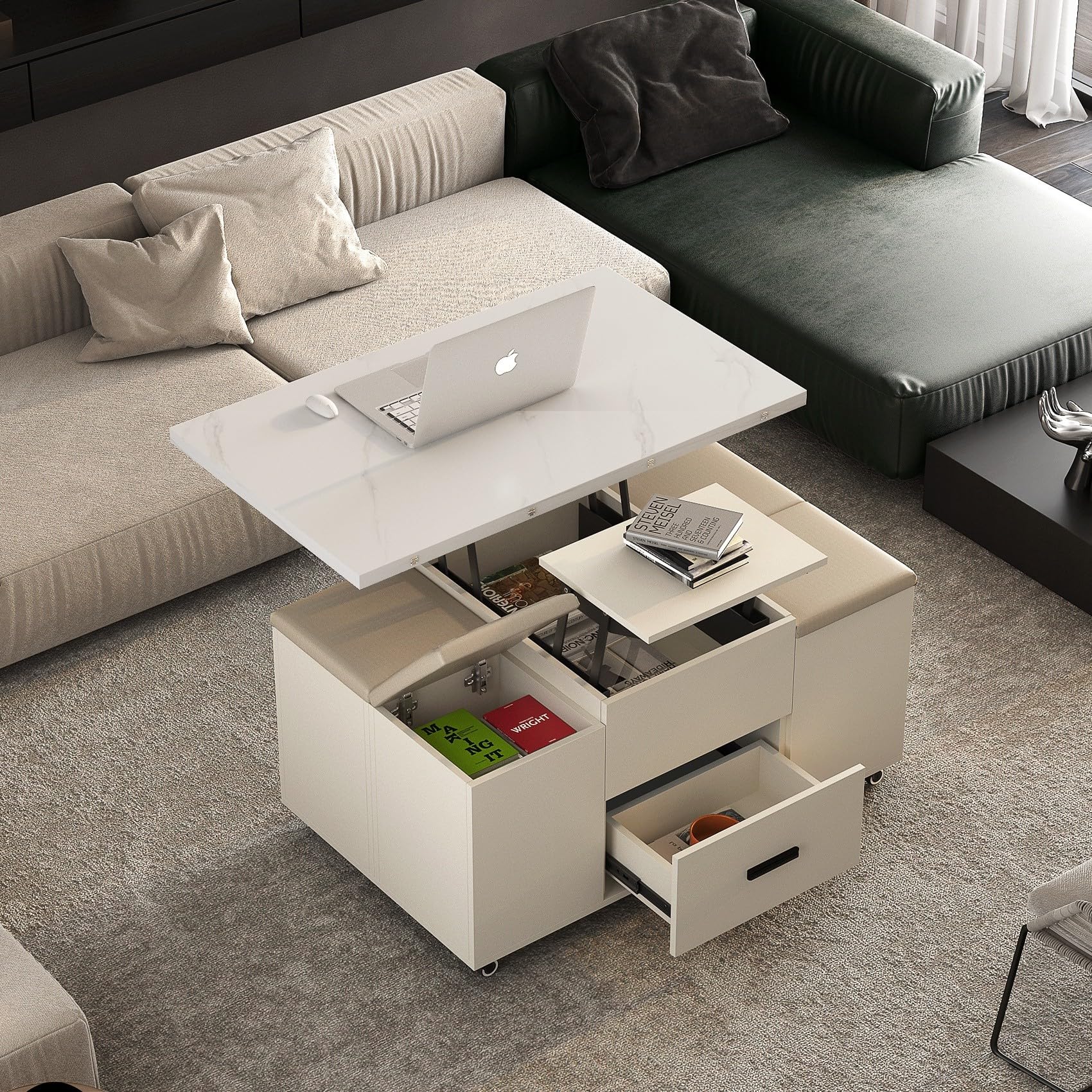 KEIKI Expandable Desktop Lift Top Nesting Coffee Table with 4 Storage Stools, 1 Hidden Storage Space & 2 Drawers, Wood Modern Rectangular Center Table for Living Room Furniture, White & Beige