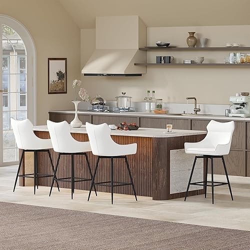 Miniatura 9 de TYBOATLE Juego de 4 taburetes de bar giratorios de cuero con respaldo alto de 26 pulgadas, taburetes de bar de altura con patas de metal, taburetes