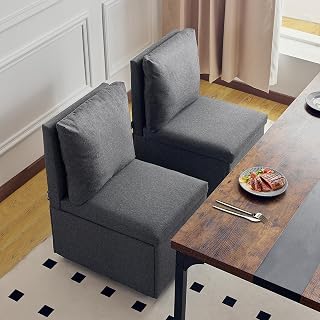 Juego de 2 sillas de comedor con ruedas, cómodas sillas tapizadas con respaldo, modernas sillas de comedor de tela de lino, 2 unidades, sillas de comedor con ruedas (gris)