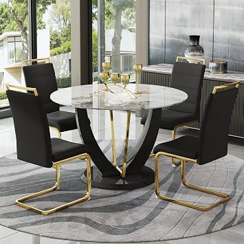 JUFU Round Dining Table Set for 4, 48" Dining Room Table with Faux Marble Tabletop and 4 Upholstered Chairs,Modern Round Kitchen Table Chairs Set for Dinning Room, Living Room, Cafe, Restaurant