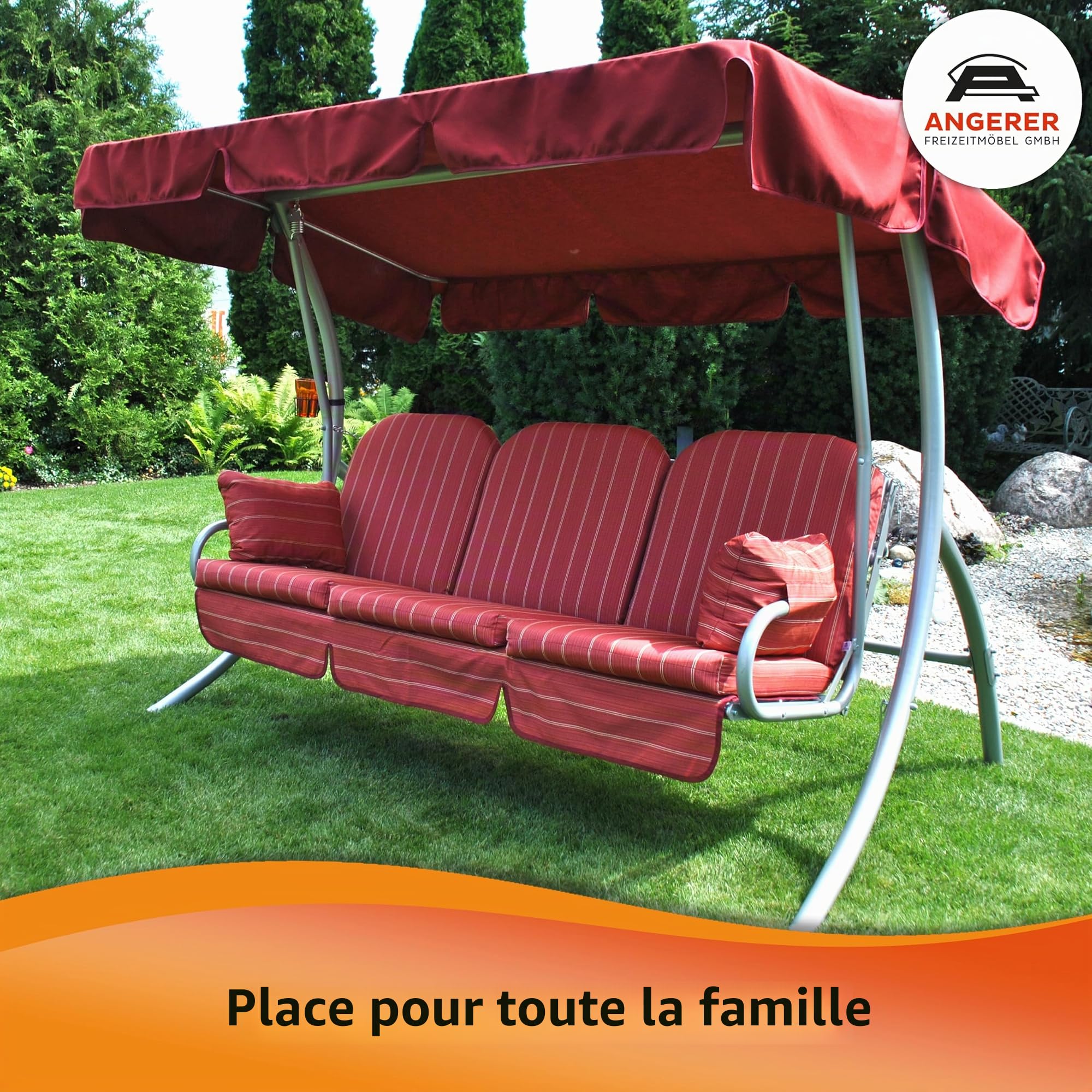 Angerer Balancelle de Jardin Ibiza, 3 Places, Convertible en Lit, Acier Galvanisé, Toit Réglable, 210 x 145 x 160 cm, Capacité 270 kg, Made in Germany (Rayures Vertes)