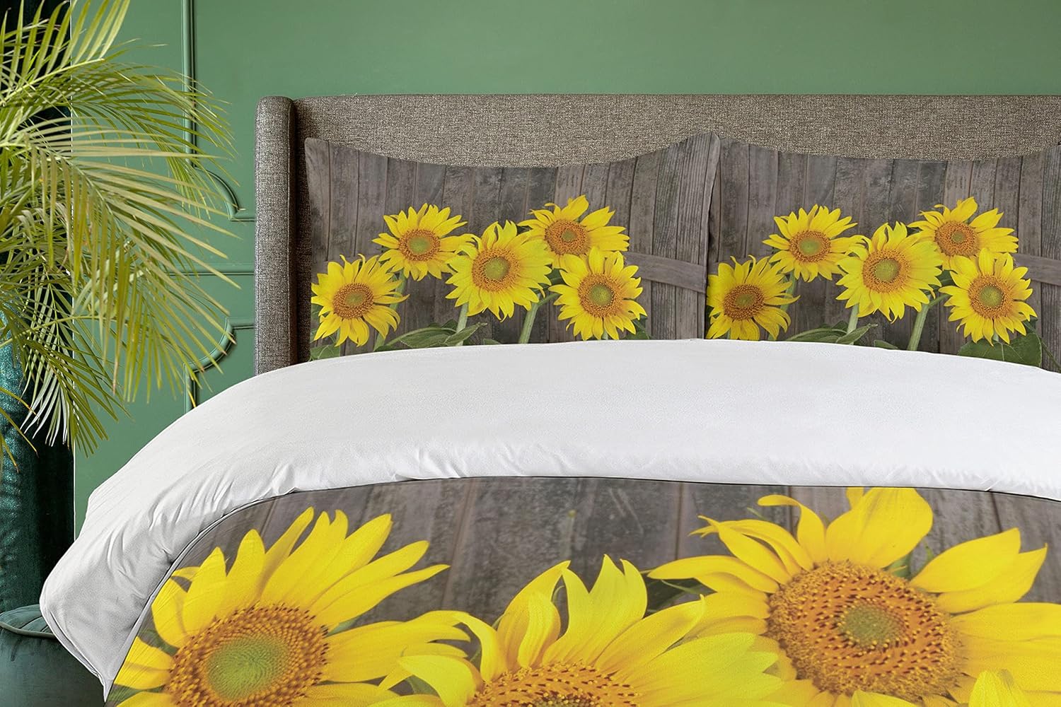 Ambesonne Sunflower Duvet Cover Set, Helianthus Sunflowers Against Weathered Aged Fence Summer Garden Photo, Decorative 3 Piece Bedding Set with 2 Pillow Shams, Queen Size, Brown Yellow