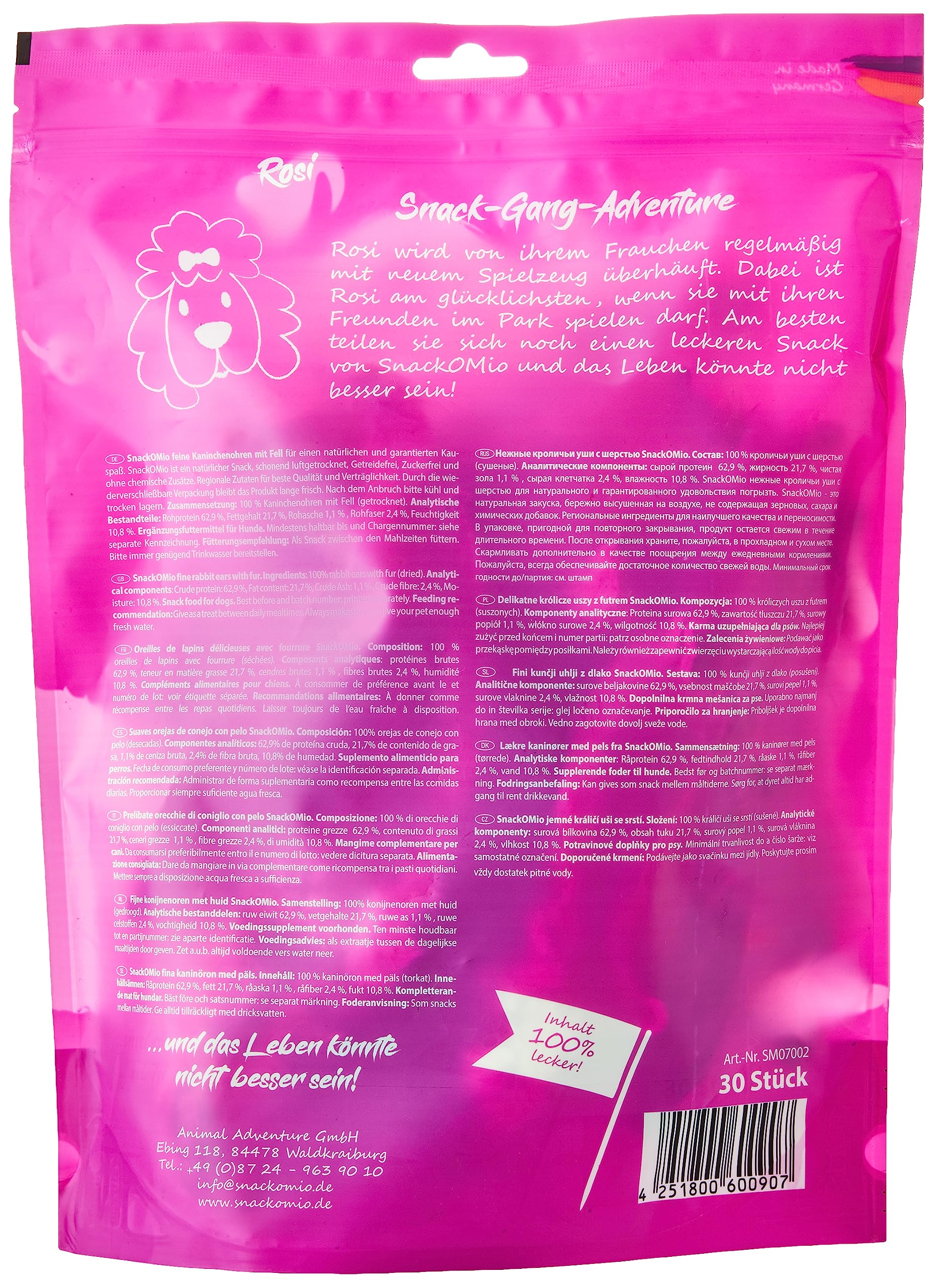 SnackOMio, Snack di qualità Superiore per Cani, saporite Orecchie di Coniglio con Pelliccia, Senza Cereali, 1 Confezione da 450 g