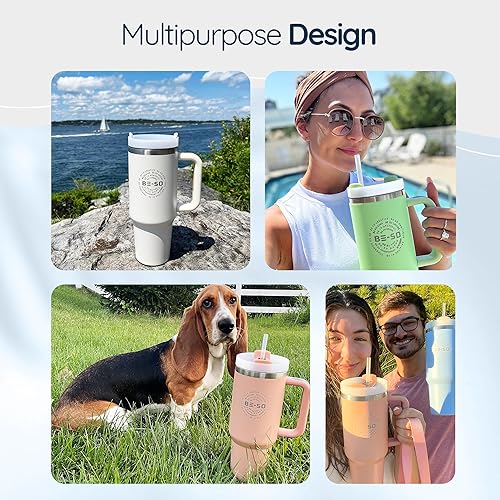 Miniatura 6 de Vaso de 40 onzas con asa y tapa con pajilla, botella de agua reutilizable de acero inoxidable, taza de café de viaje, apta para portavasos  Regalos