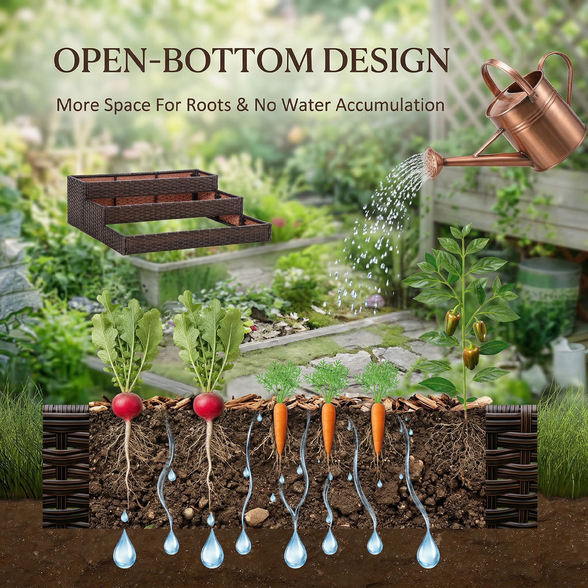 Outsunny Letto per Orto Rialzato a 3 Livelli in Rattan con Fondo Aperto, Orto Rialzato da Esterno per Verdure, Fiori e Piante, 120x120x40 cm, Grigio Talpa