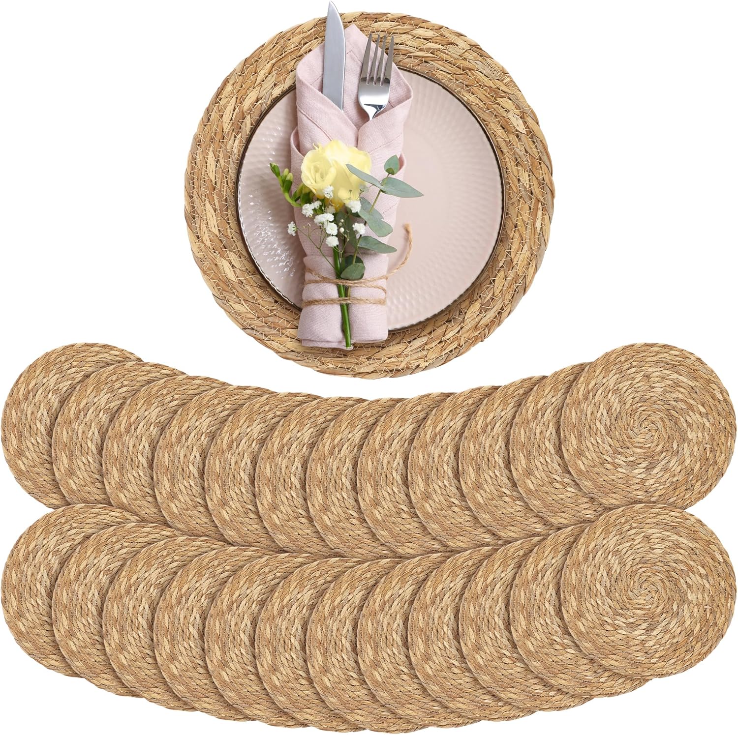 Aneco 24 Pack 12-Inch Round Woven Placemats Natural Hand-Woven Boho Rattan Wicker Bulrush Placemat Farmhouse Rustic Braided Table Mats for Dining & Kitchen Decor