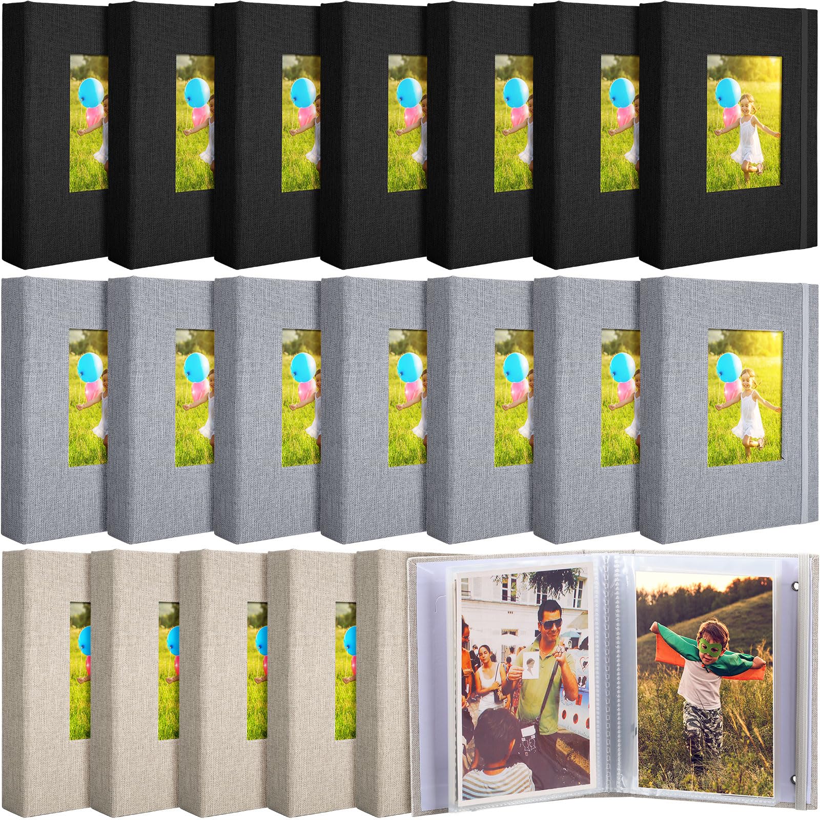 Yeaqee Fotoalbum, 10 x 15 cm, kleines Fotoalbum, Leineneinband, Erinnerungsbuch mit Frontfenster, 26 transparente Seiten, für 52 Bilder, für Hochzeitstag, Familie, Baby (Schwarz, Grau, Beige)