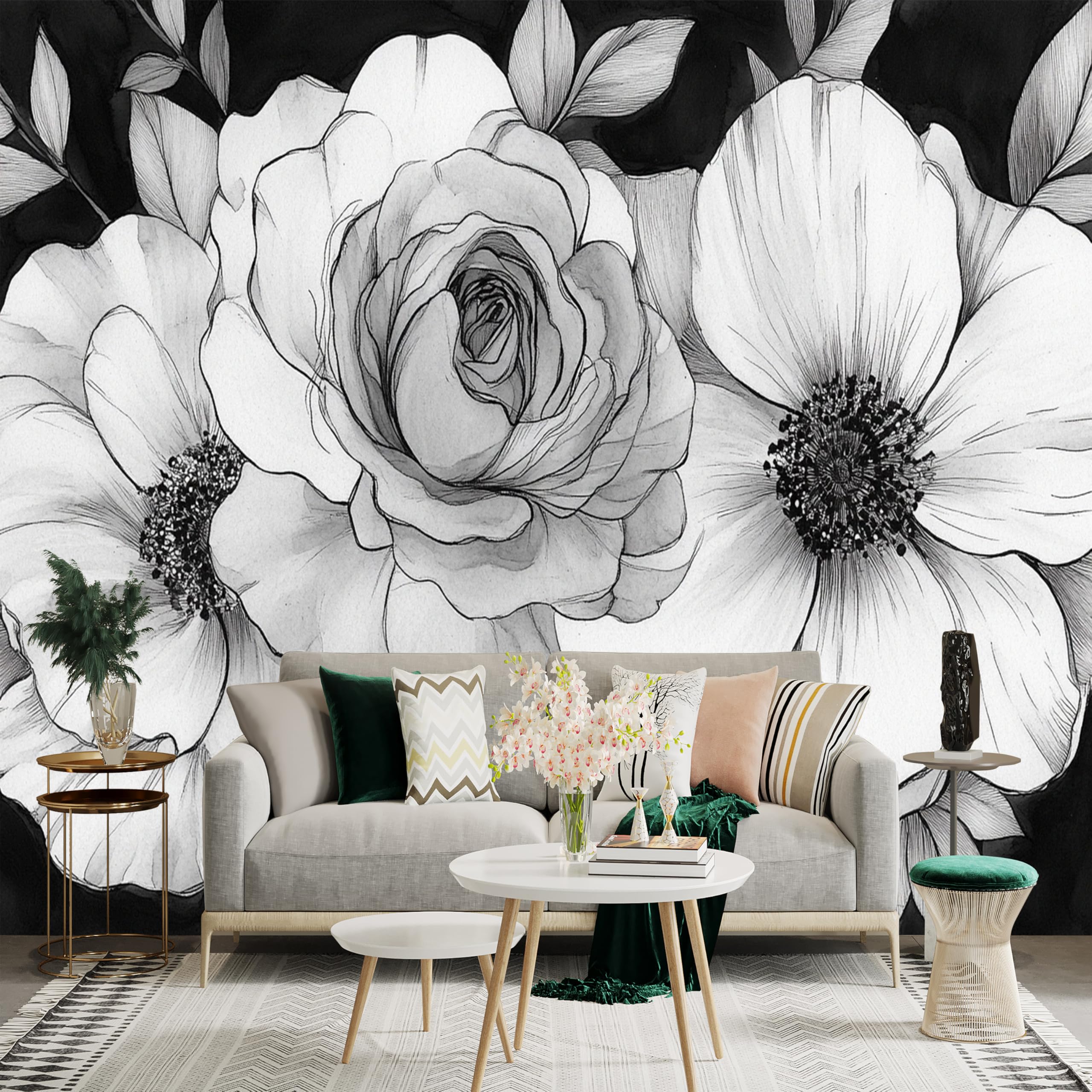 Custom Size Wall Sticker Murals Black and White Flowers Mural Removable Self-Adhesive Decorative Wallpaper, Large Photo Wallpaper for Living Room, Bedroom and Office