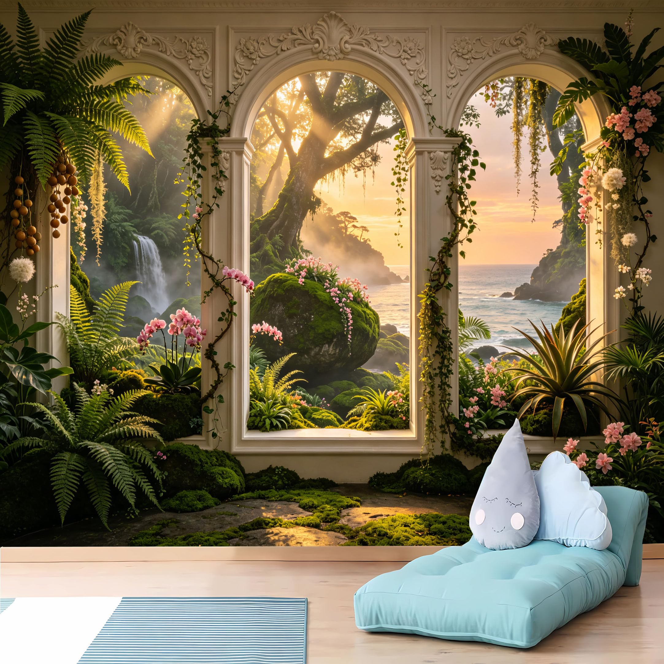 Custom Size Wall Murals 3D Tropical Sunset Ocean View Through Ornate Arched Frames Wall Murals Self-Adhesive Wall Fabric (NO PVC) Removable Wallpaper for Living Room