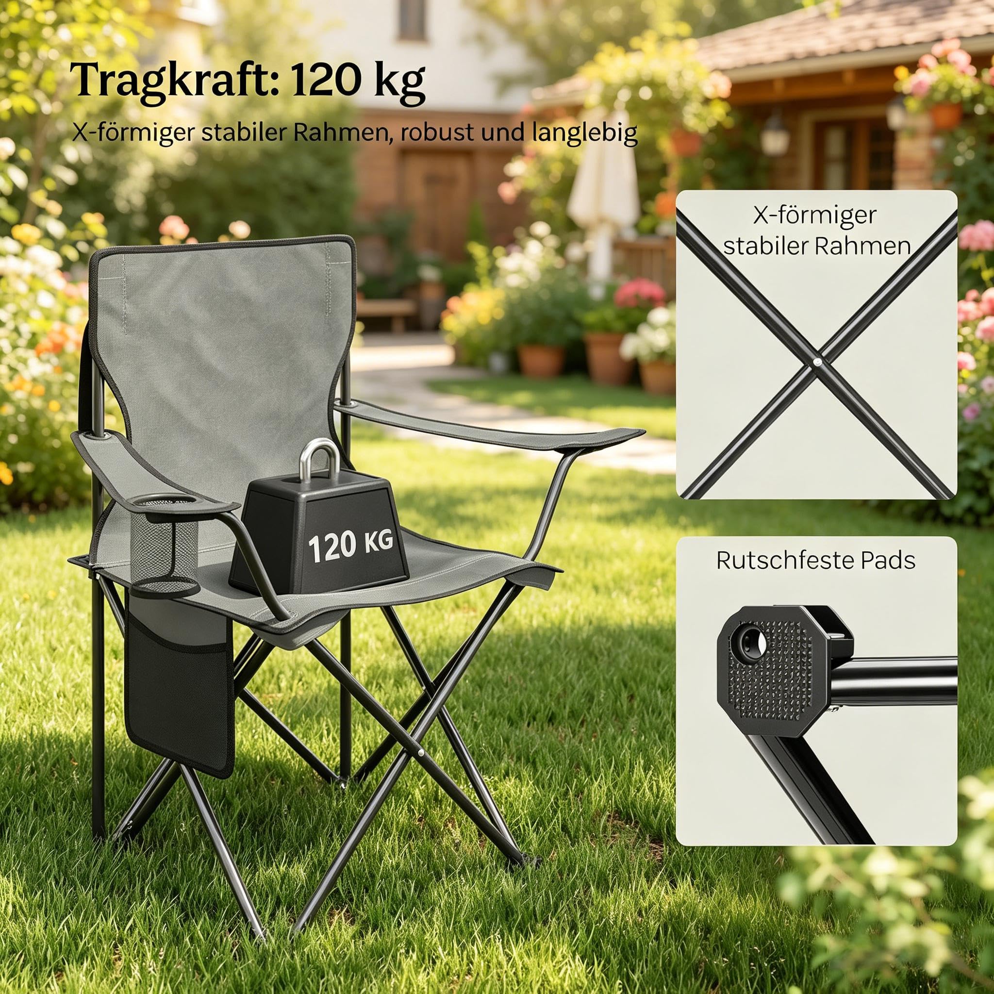Lot de 2 chaises de camping pliantes avec porte-gobelet, chaise de plage et chaise de pêche, chaise de camping d'extérieur avec cadre en métal, tissu Oxford, gris foncé