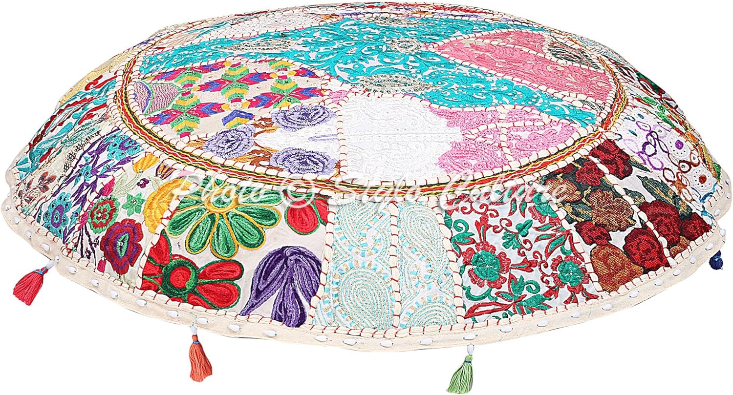 Ethnic Round Throw Pillows for Couch Vintage Patchwork Floor Cushion Cover White 32x32 Large Decorative Decor Seating Tuffet Seat Pouf Cover Footstool Cotton Embroidered 1 Pc