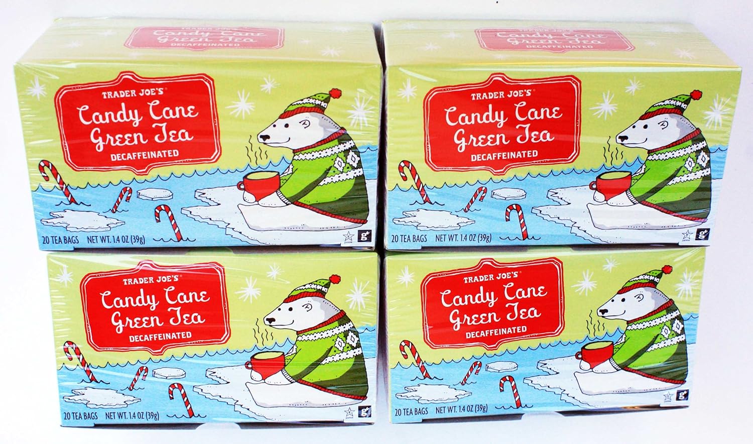 Trader Joe's Candy Cane Green Tea, Decaffeinated - 20 Tea Bags, 1.4oz - 4 PACK