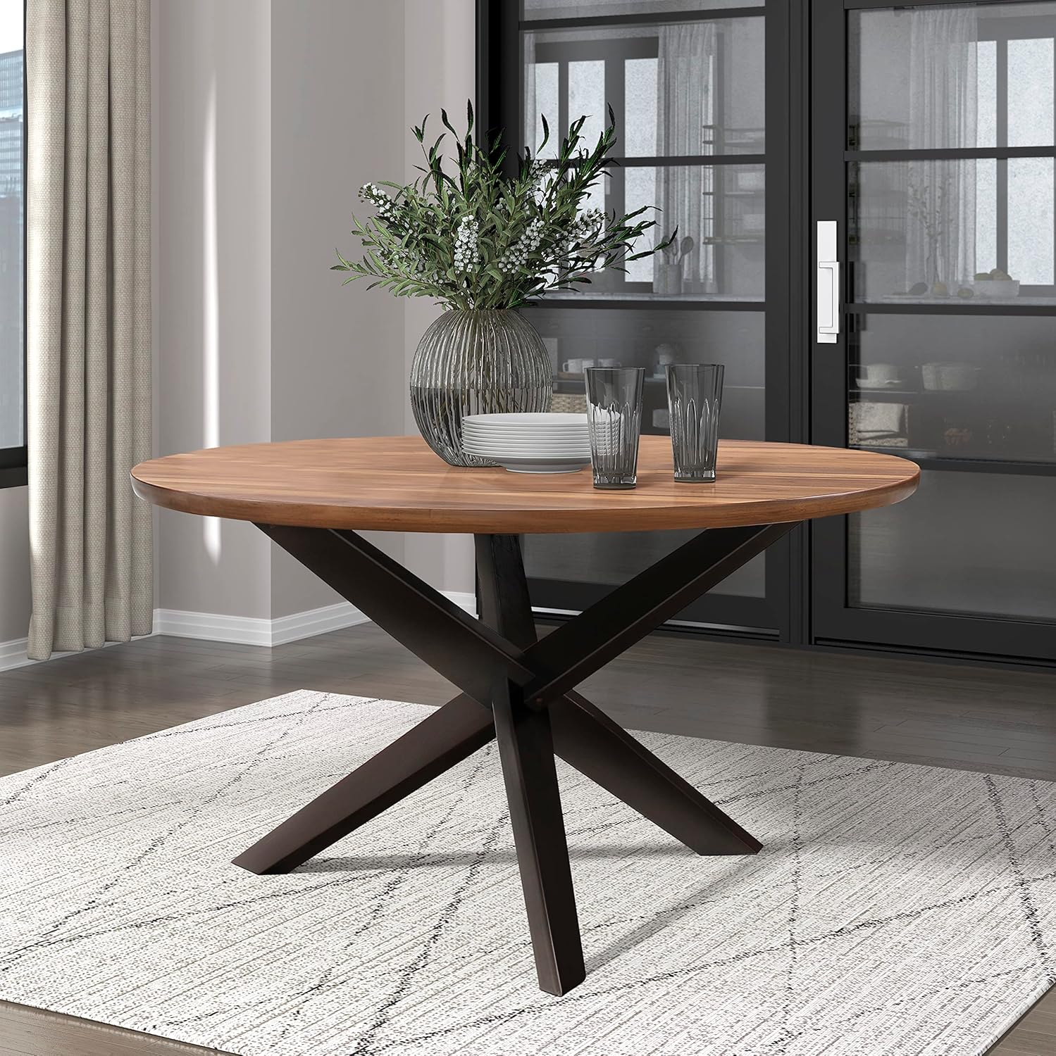 Lexicon Mazey Round Dining Table, Espresso & Natural/Black