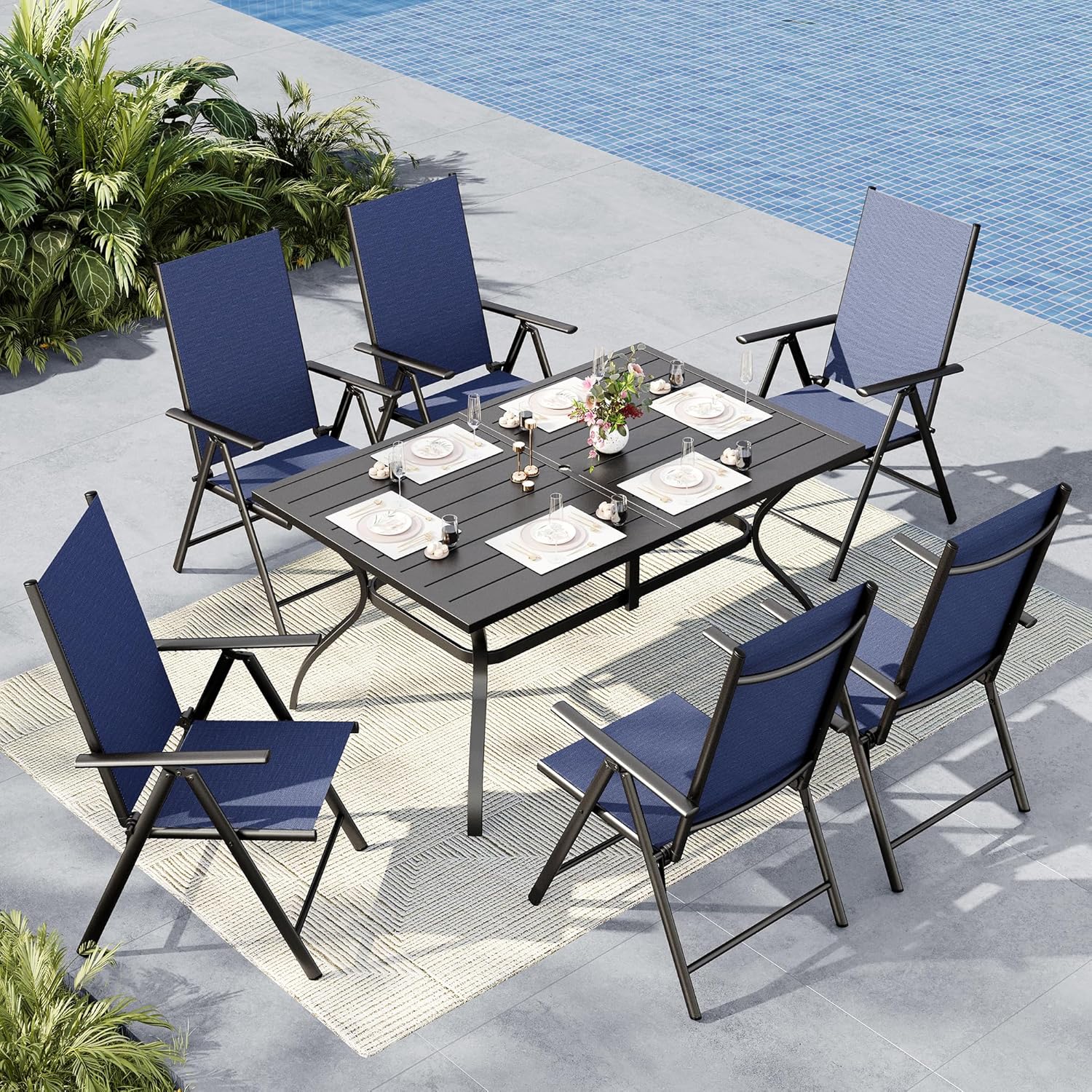 MFSTUDIO Outdoor Dining Set for 6, Aluminum Height Adjustable Folding Chair and Heavy-Duty Black Slat Metal Table, Patio Furniture Dining Table Set, Blue