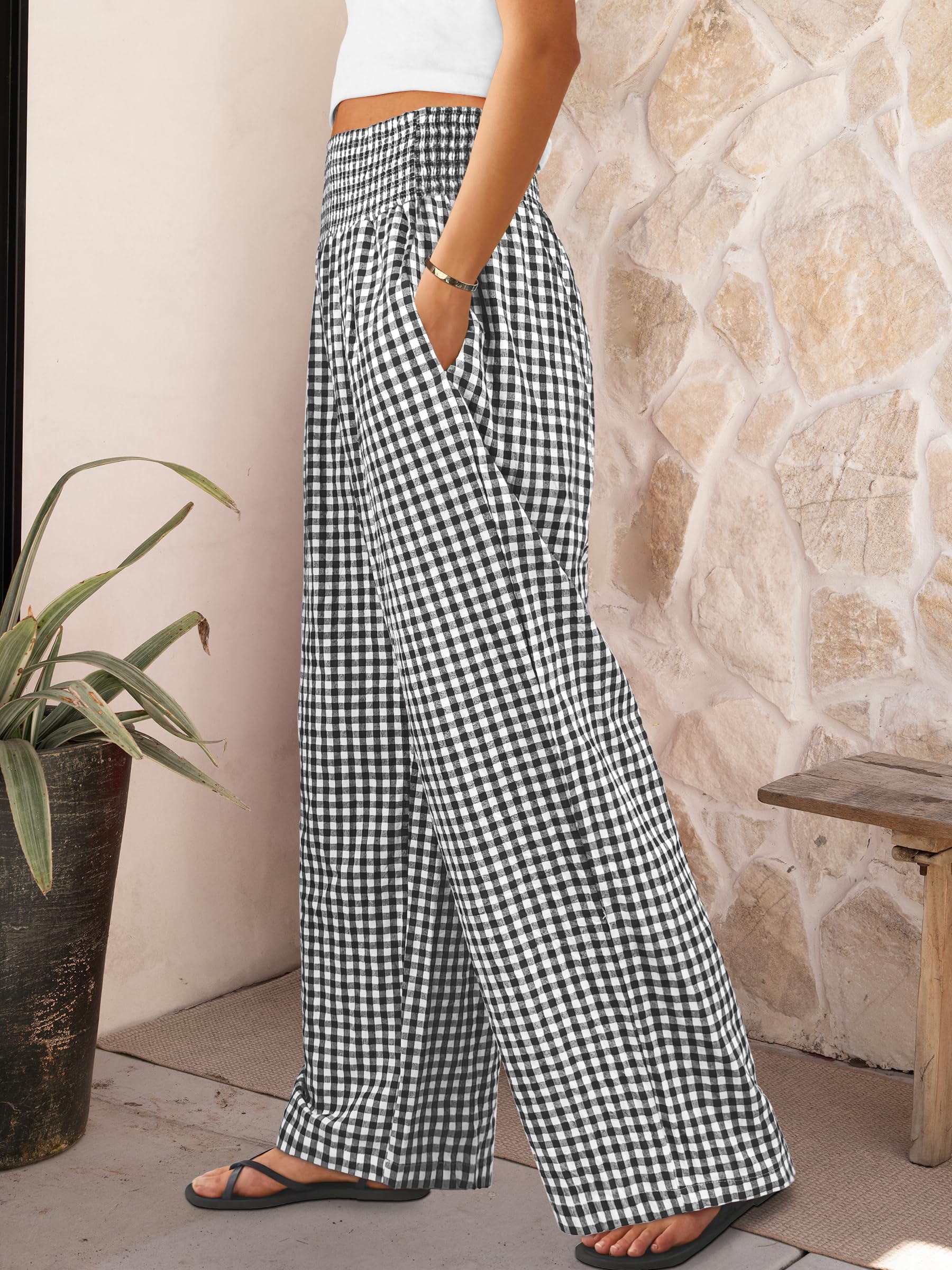 ANRABESS Womens Palazzo Pants, Striped & Gingham, Lounge & Casual, Cute Pajama Pants, Wide Leg, High Waisted, Pockets - 3