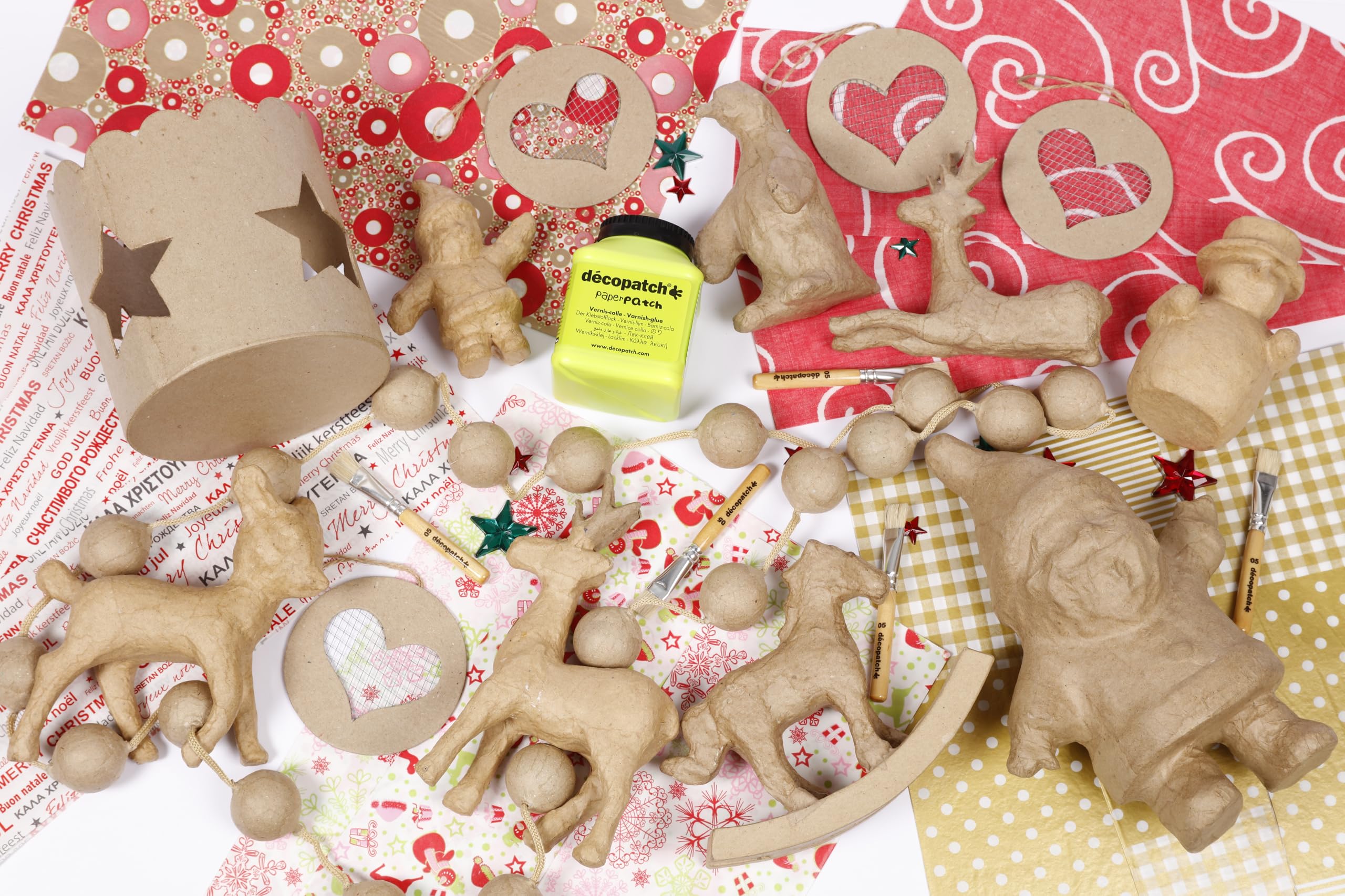 DÉCOPATCH LOTCREA1C - Grand Pack Décorations de Noël – Kit Créatif Complet avec Père Noël, Animaux, Étoiles, Guirlande, Vernis Colle 180g, Pinceaux & Papiers Pour Loisirs Créatifs Festifs