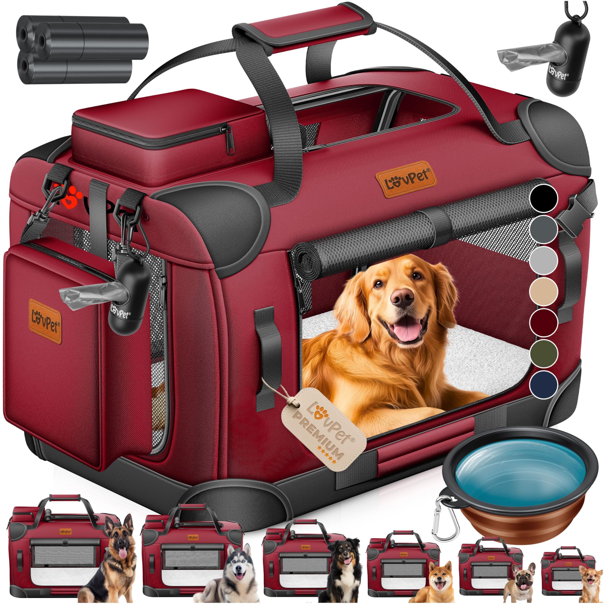 LOVPET® Transportbox Hund Katze Transporttasche XXXL 102x70x70cm | Hunde-Tragetasche Faltbare Katzentasche | Haustier-Transportbox inkl. Hundenapf & Schultergurt | für Katzen & Hunde Bordeaux Rot