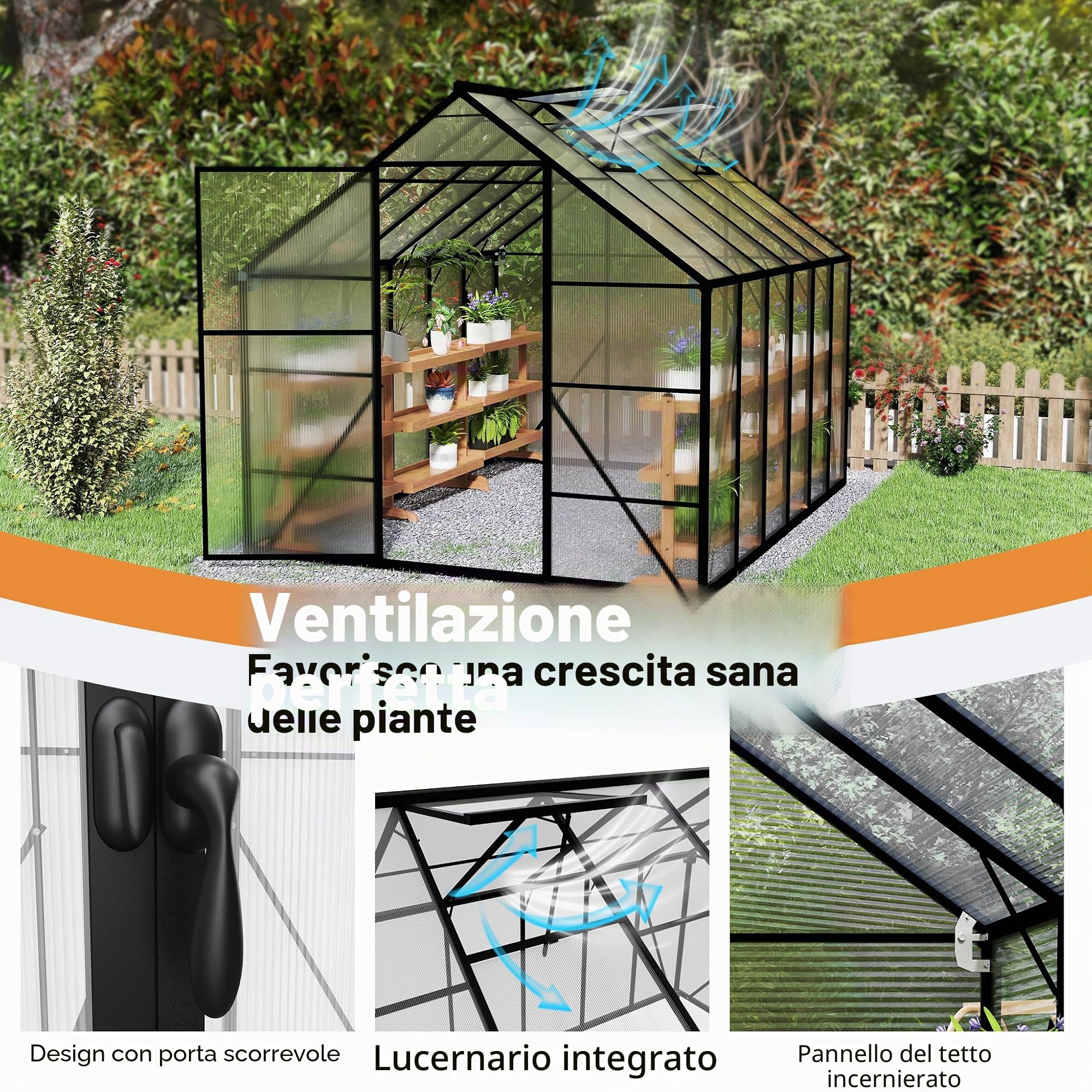 Froadp Serra da giardino in alluminio con fondazione, 310 x 250 x 205 cm, 4 mm, pannelli a camera cava PC, resistente alle intemperie, serra, con finestre, per giardino e allevamento
