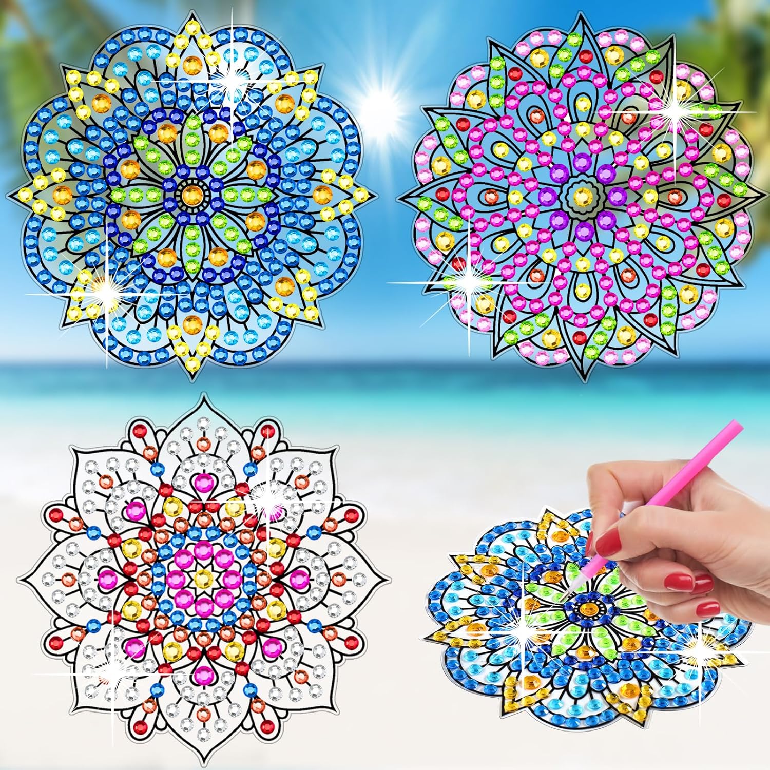 BSRESIN Diamond Art Stained Glass Window Clings with Diamond DIY Pen, 3